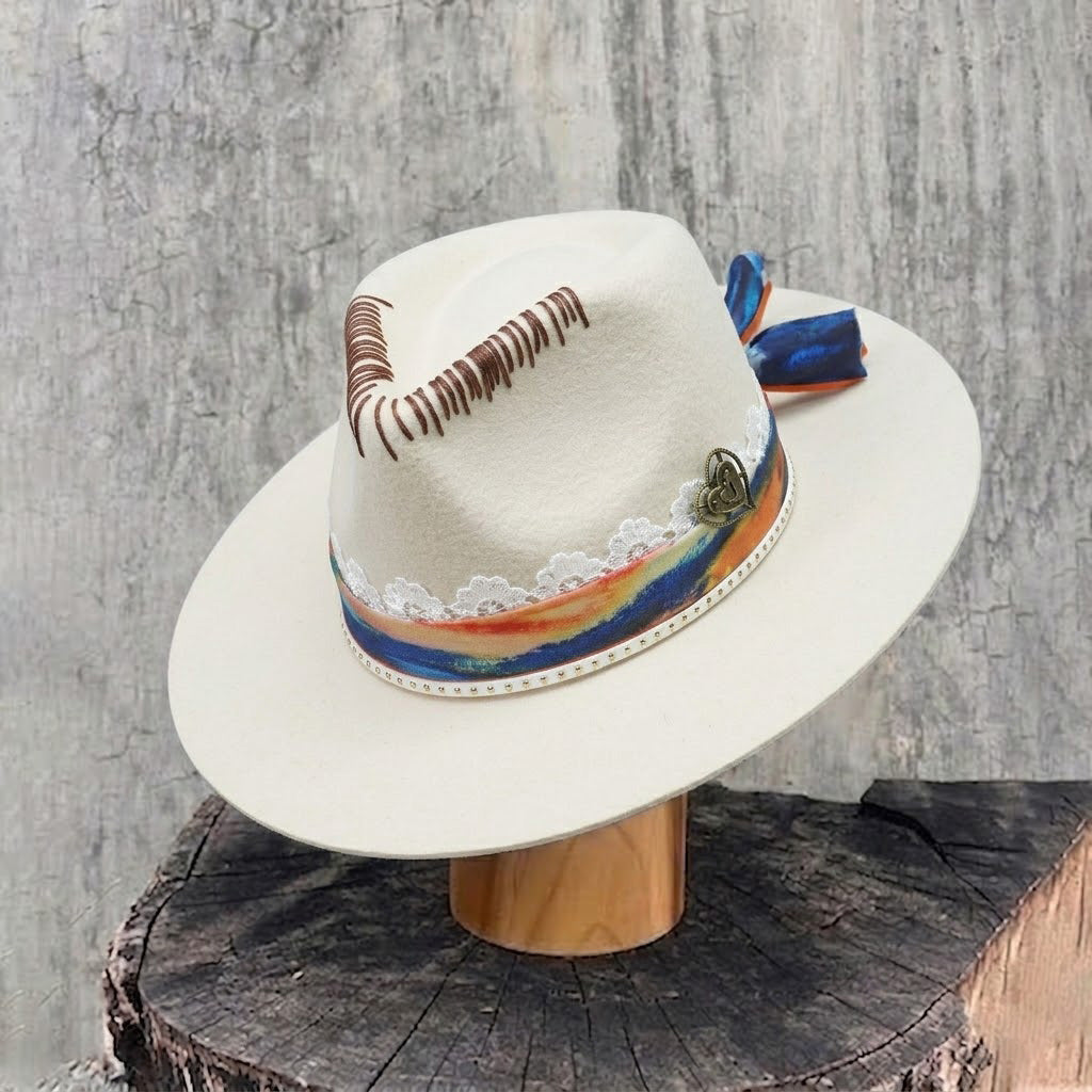 Off-White Felt Hat - Stitched Crown with Lace & Coppery Accent