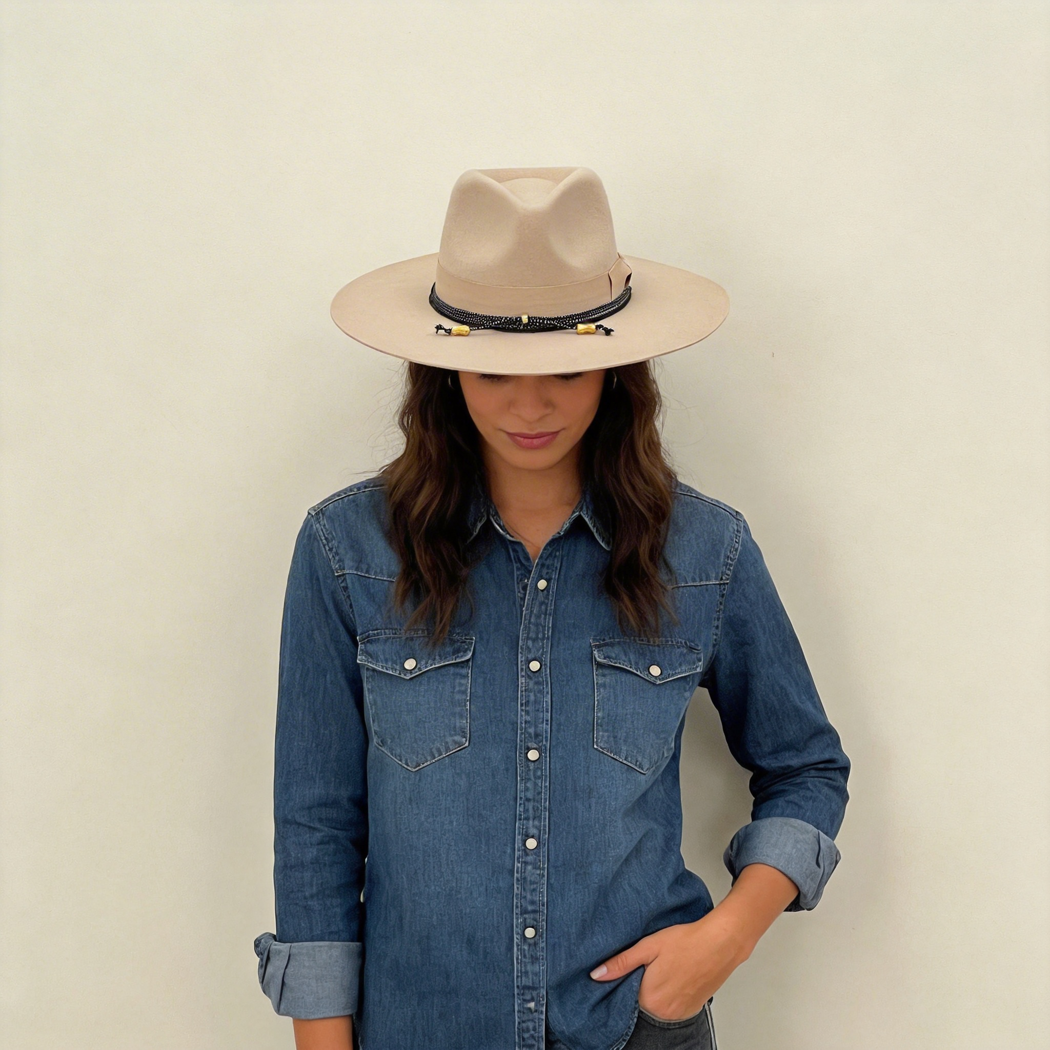 Beige Flat-Brim Hat – Custom Band & Metal Bead
