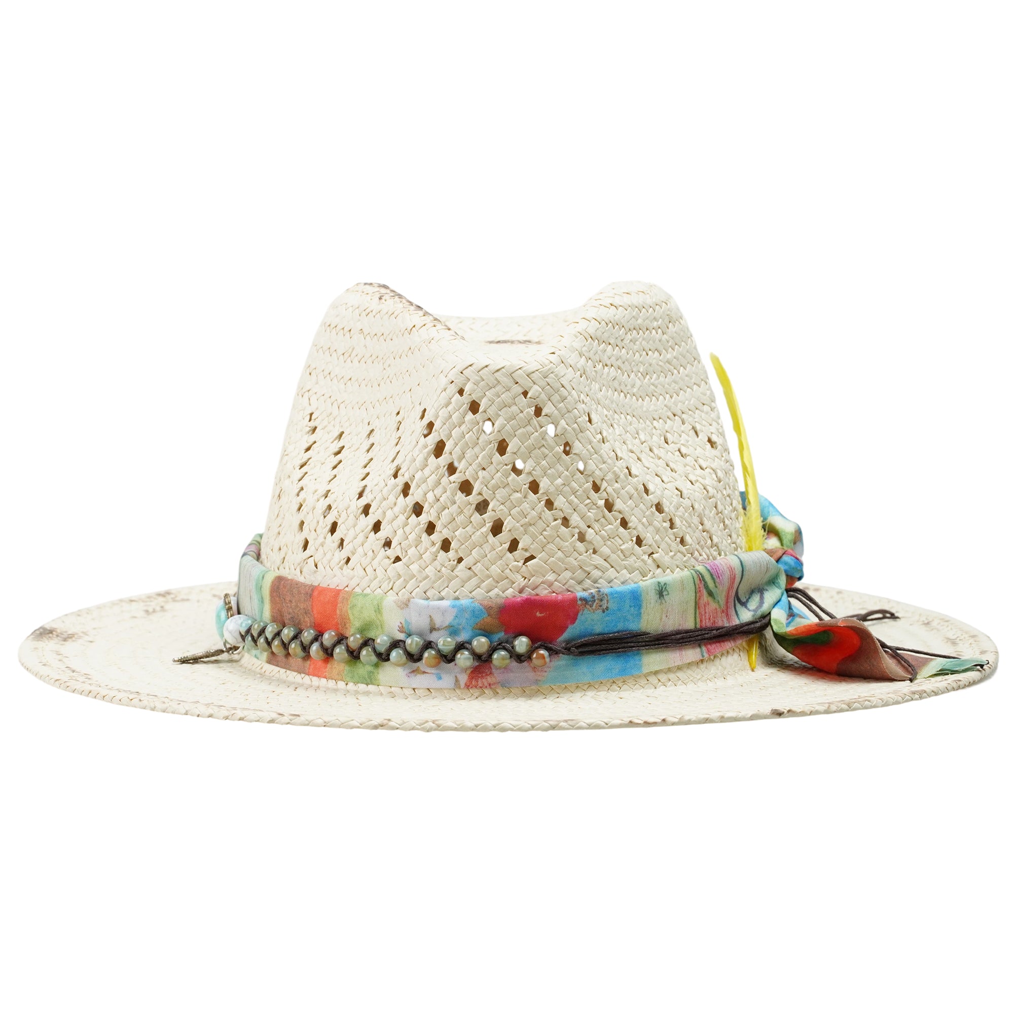 Artistic Straw Hat – Burnt Brim, Feather and Beaded Cord