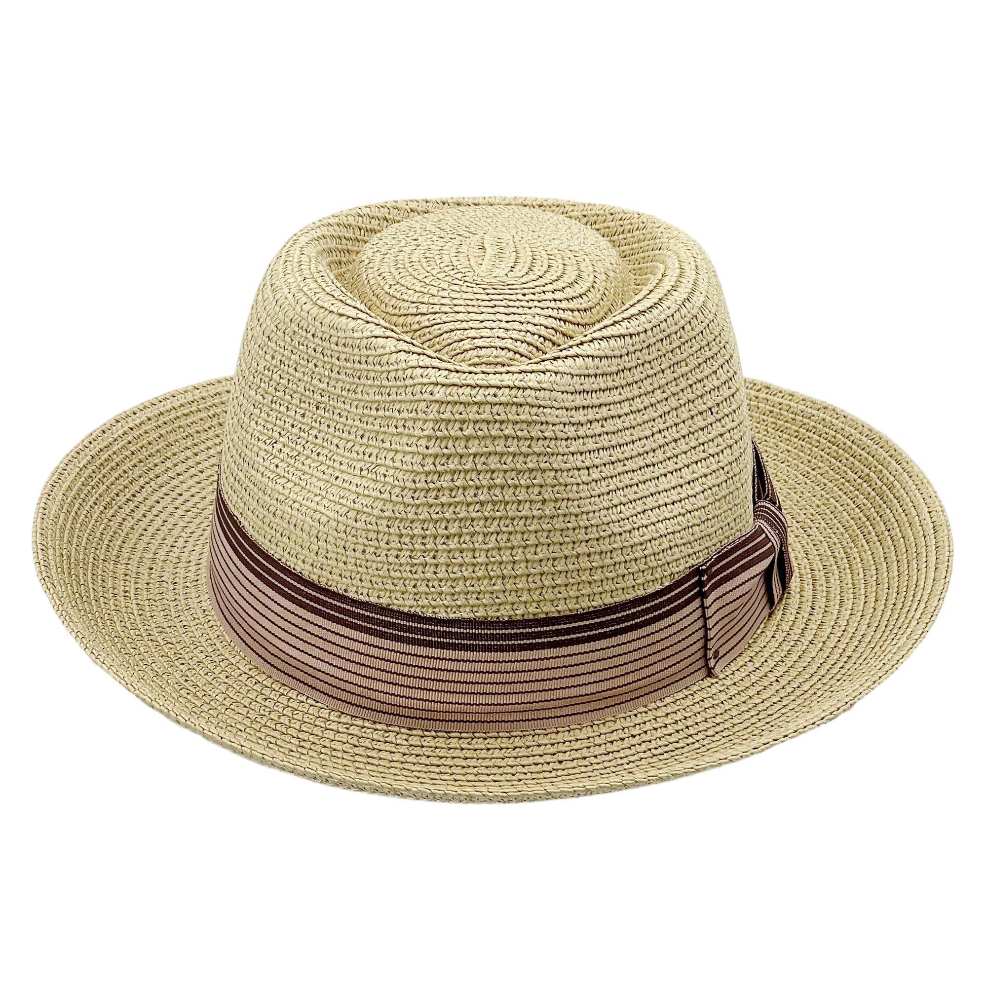 Straw Hat – Beige, Narrow Brim, Striped Band