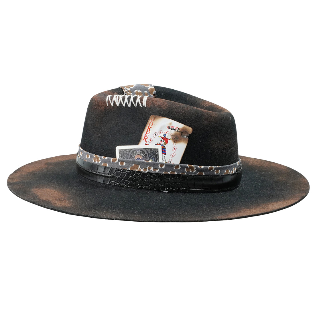 Hand-Burned Artistic Felt Hat – Sculpted Crown, Eclectic Hatband