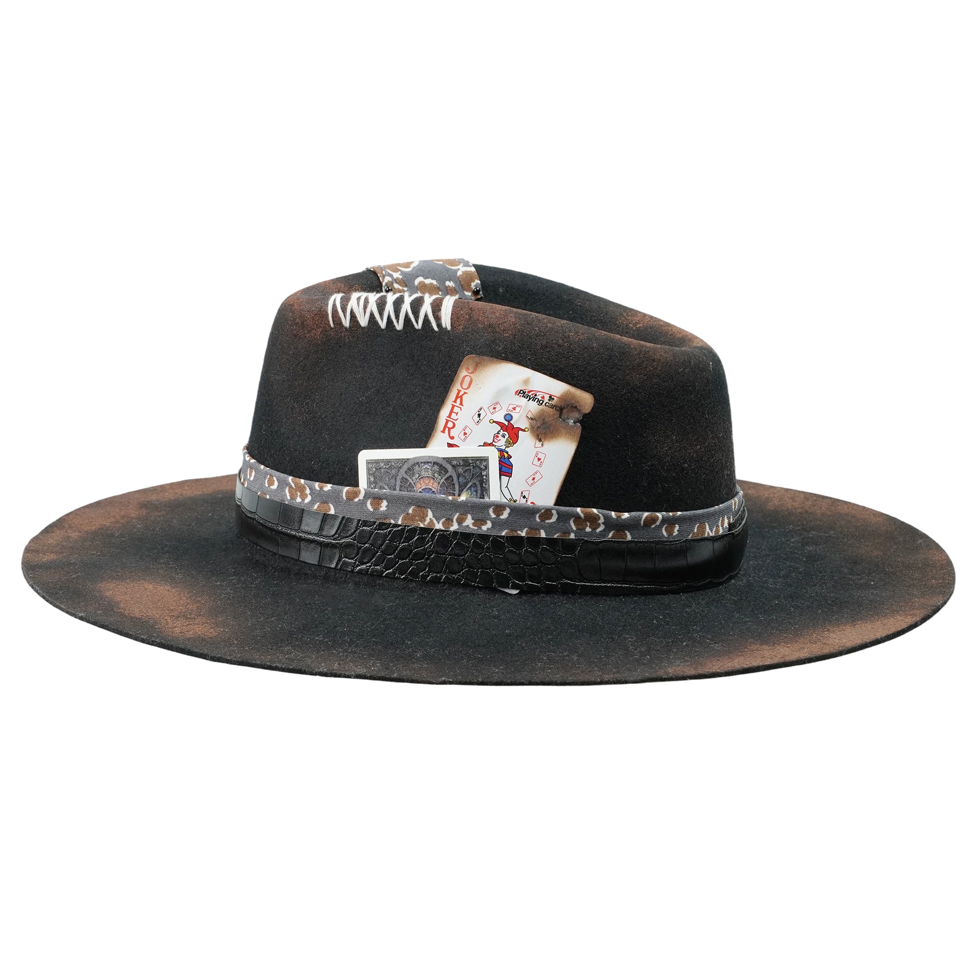 Hand-Burned Artistic Felt Hat – Sculpted Crown, Eclectic Hatband
