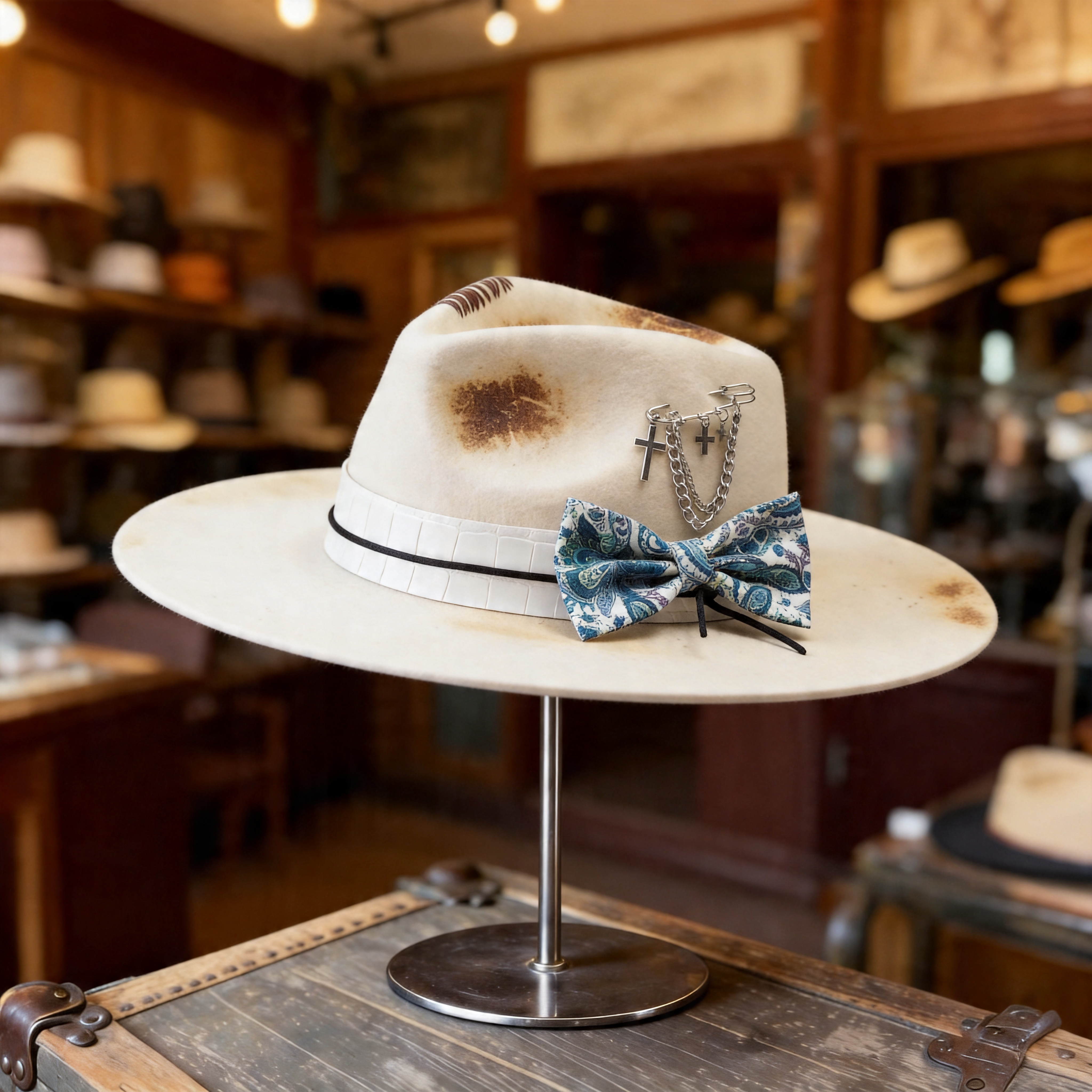 Artistic Felt Hat – Neutral Base, Crocodile-Pattern Band