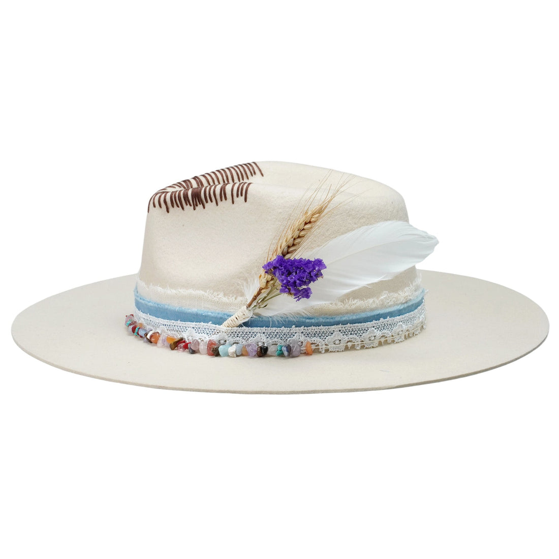 Cream Felt Fedora with Colorful Stones & Dried Flowers