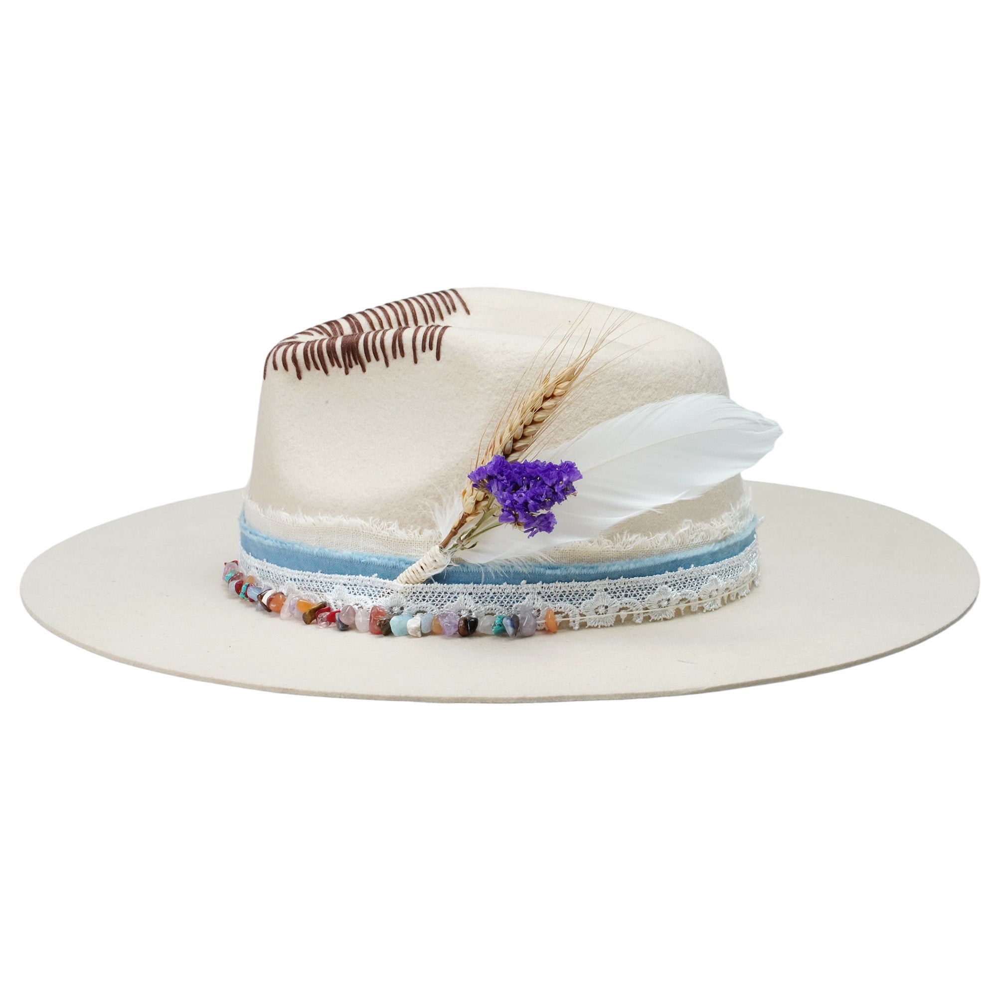 Cream Felt Fedora with Colorful Stones & Dried Flowers