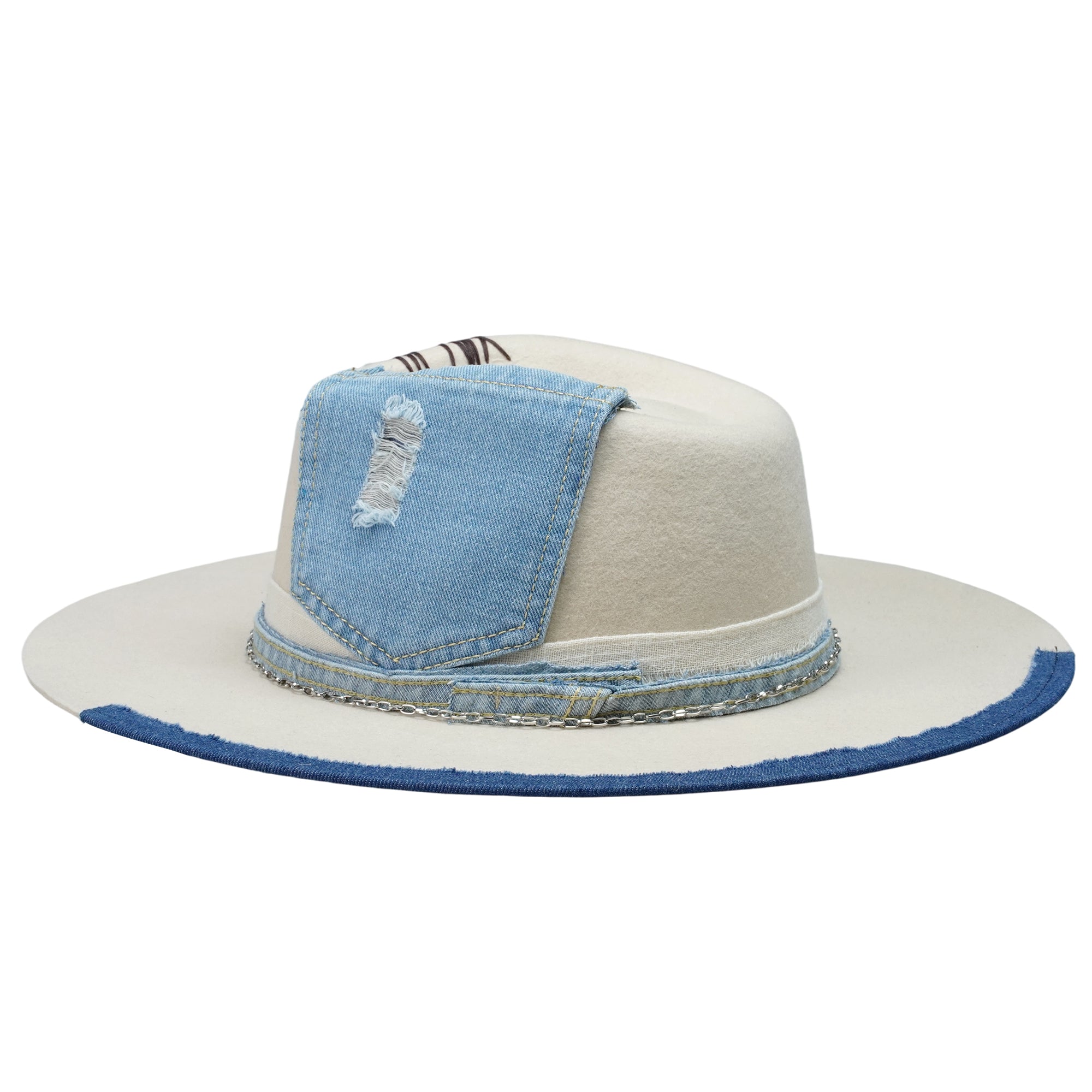 Cream Felt Fedora with Denim & Silver Chain
