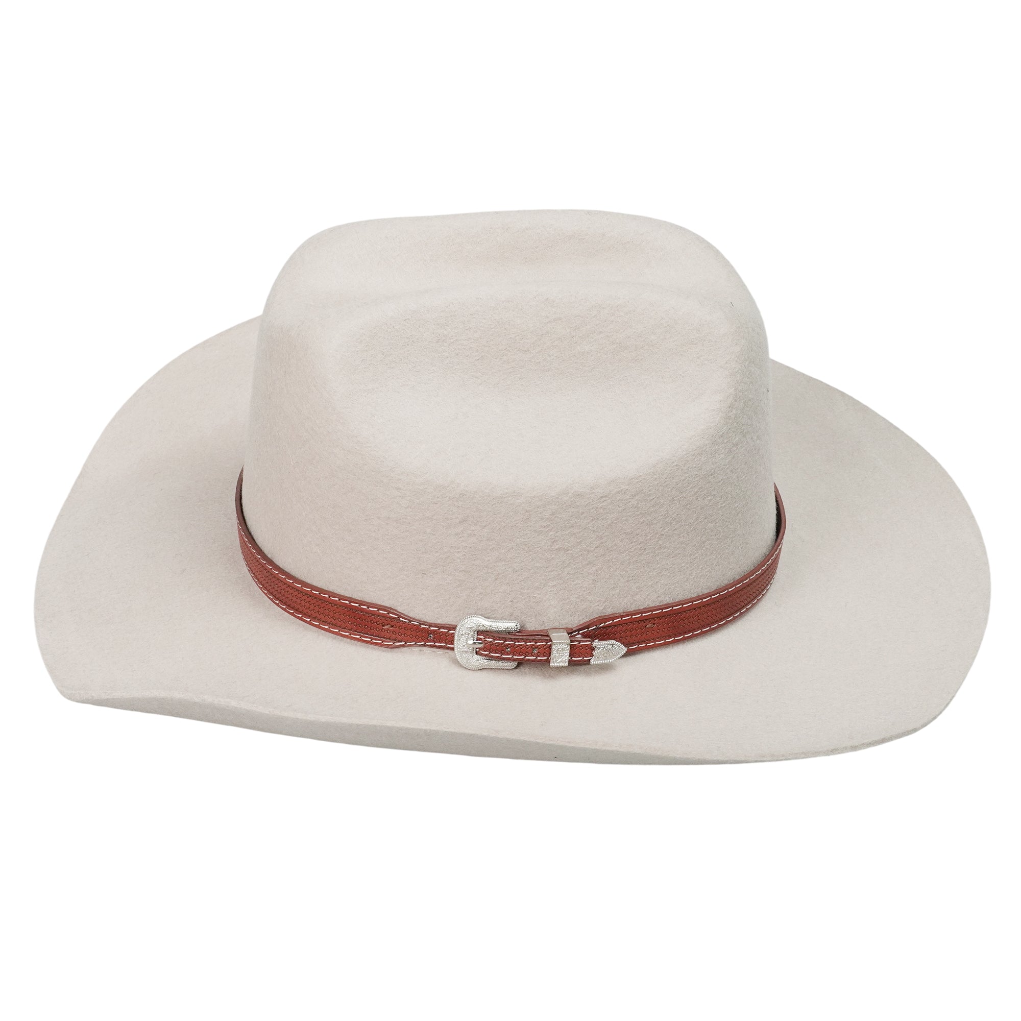 Modern Curled-Brim Hat – Soft Beige Felt, Artisan Leather Trim