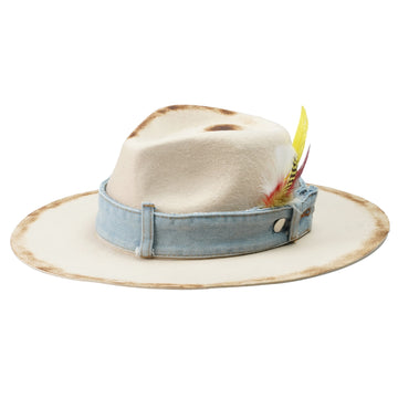 Distressed Felt Hat – Denim Band, Feather Accent