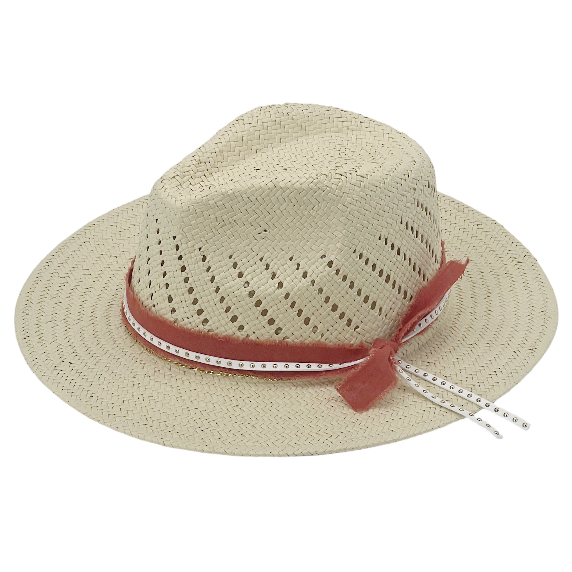 Soft Beige Straw – Orange Band & Chain Detail