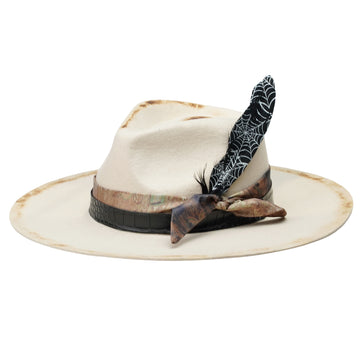 Edgy Felt Hat: Ornate Fabric, Leather, Delicate Feathers