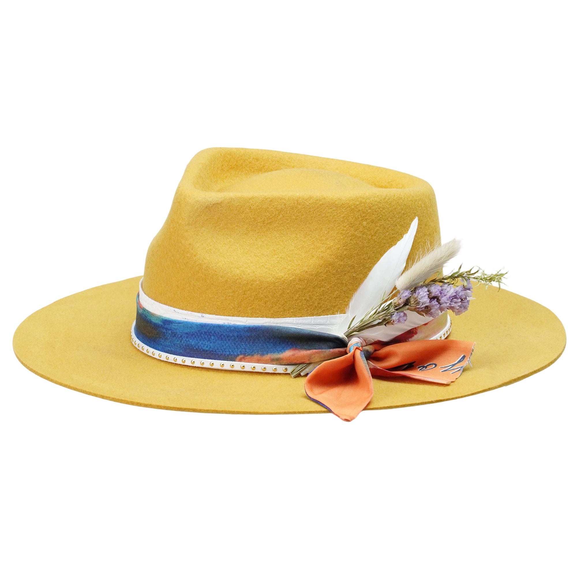 Yellow Felt Hat - Custom Art Fabric with Floral Detail