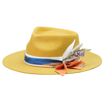 Yellow Felt Hat - Custom Art Fabric with Floral Detail