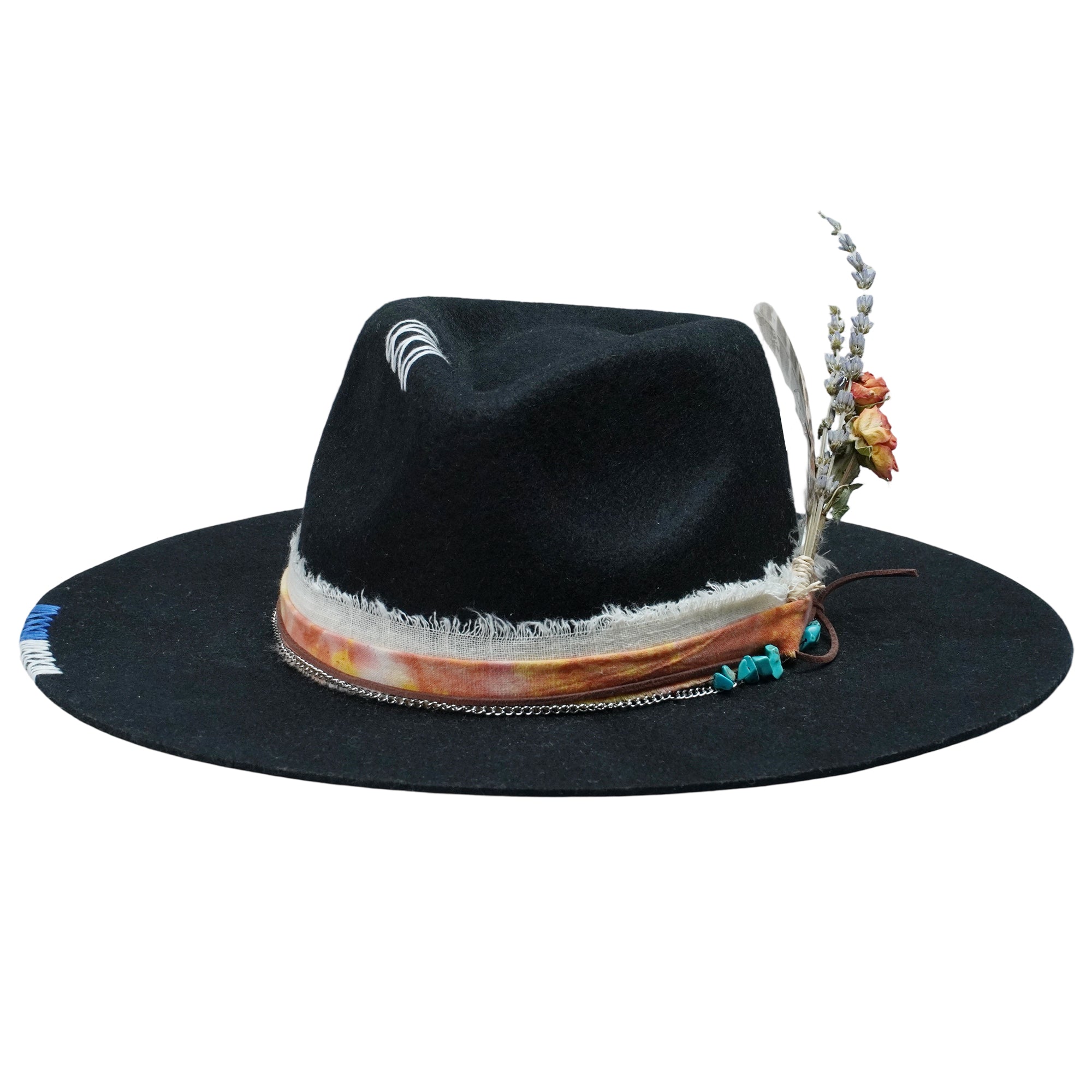 Teardrop Fedora - Black with Stitched Details & Turquoise