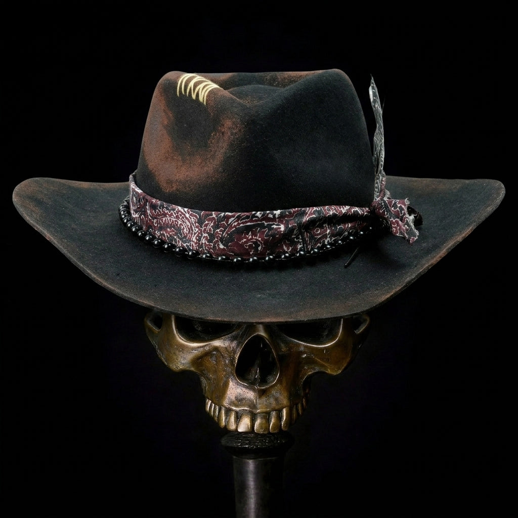 Hand-Burned Refined Felt Hat – Dark Tone, Delicate Beadwork