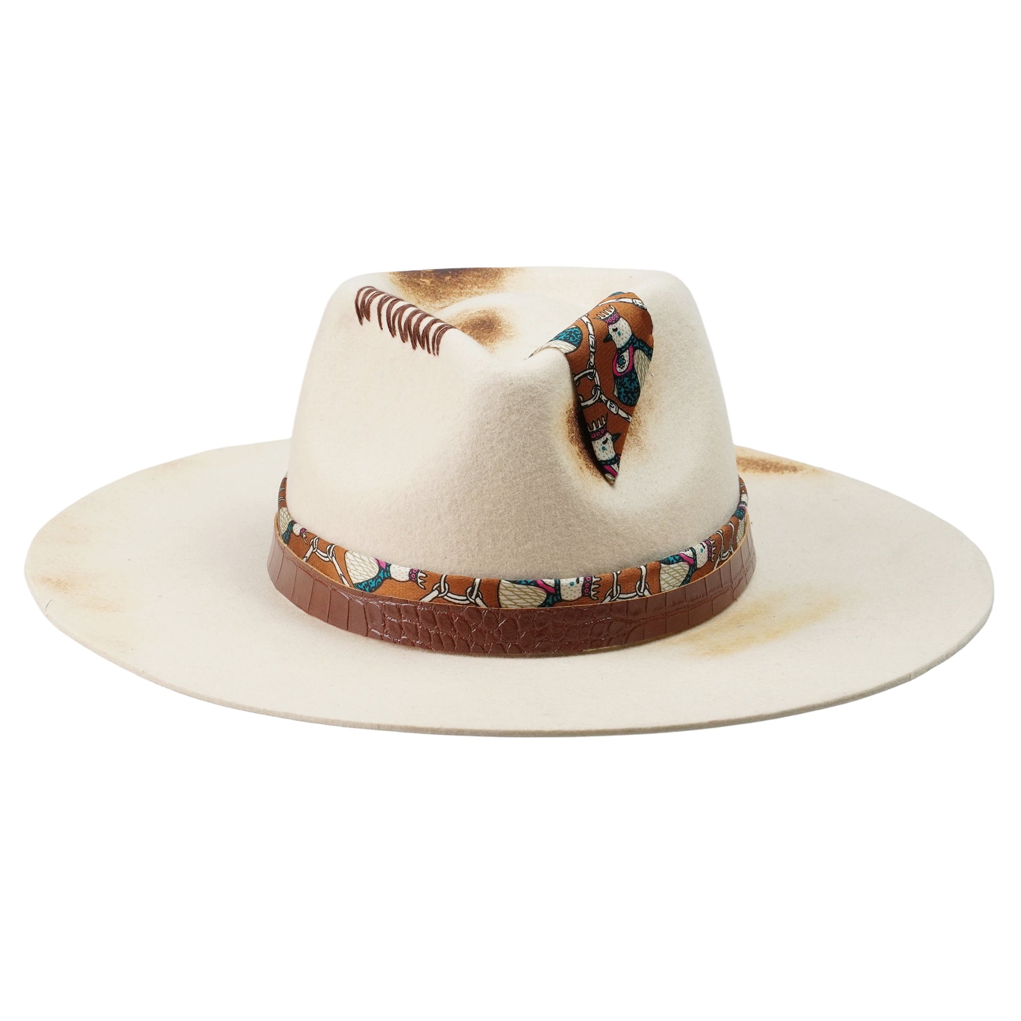 Hand-Burned Artistic Felt Hat – Light Base, Rebellious Detailing