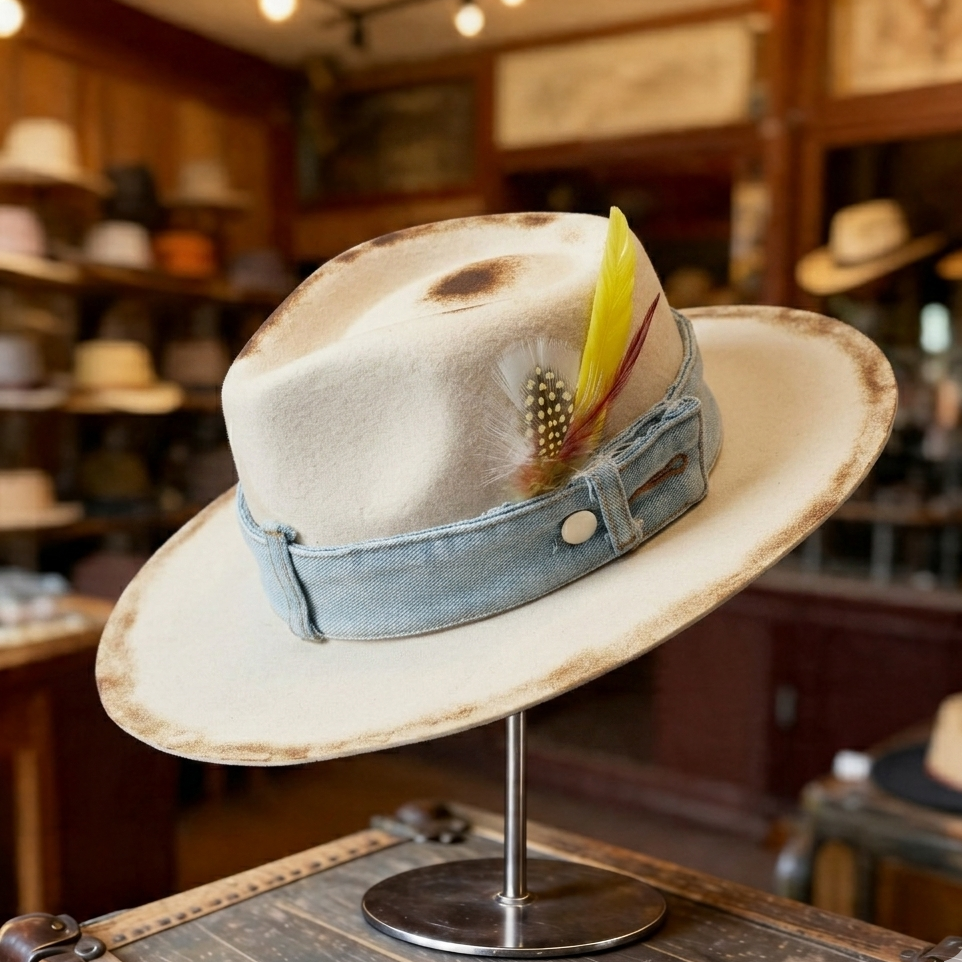 Distressed Felt Hat – Denim Band, Feather Accent
