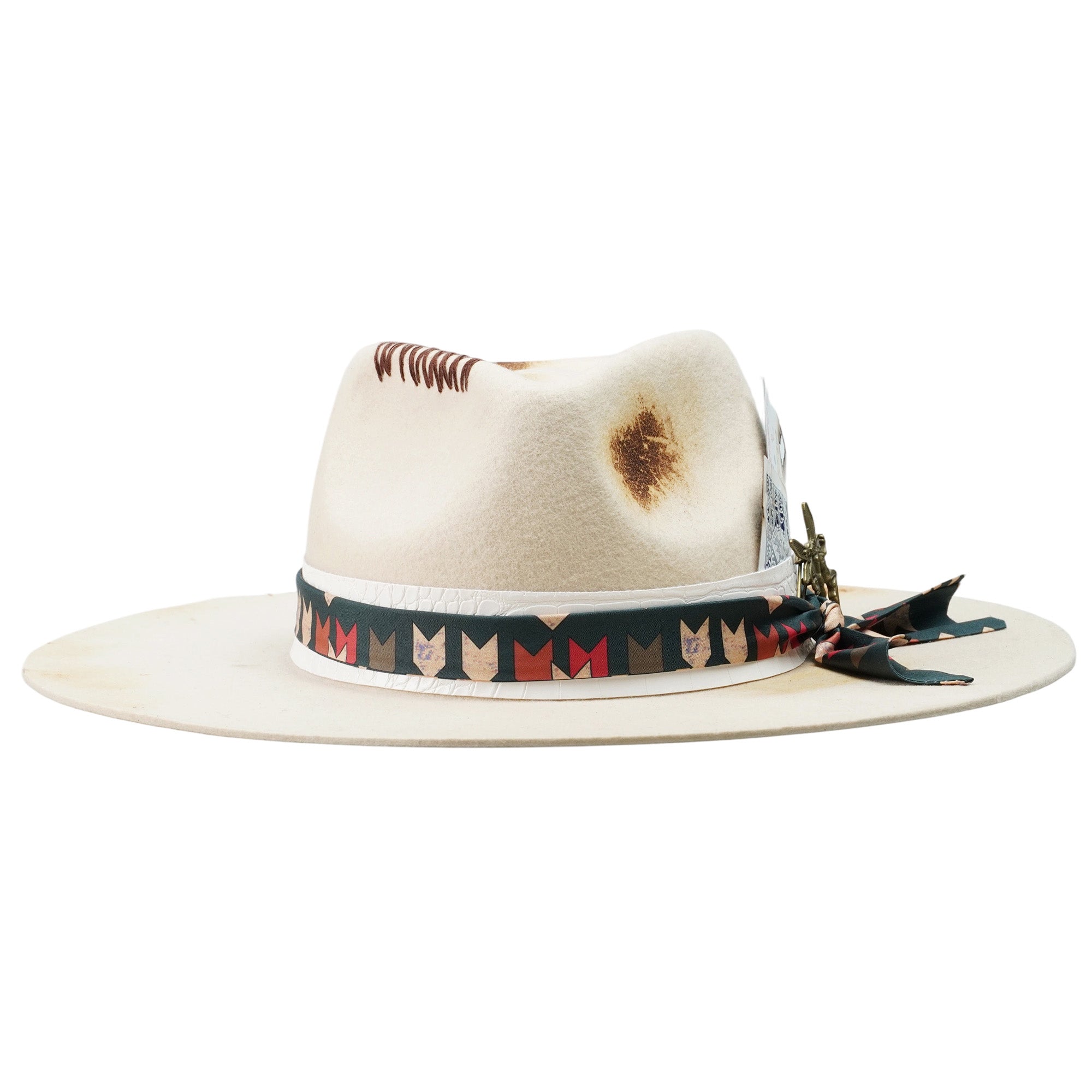 Artistic Felt Hat – Neutral Base, Charred Playing Card Feature