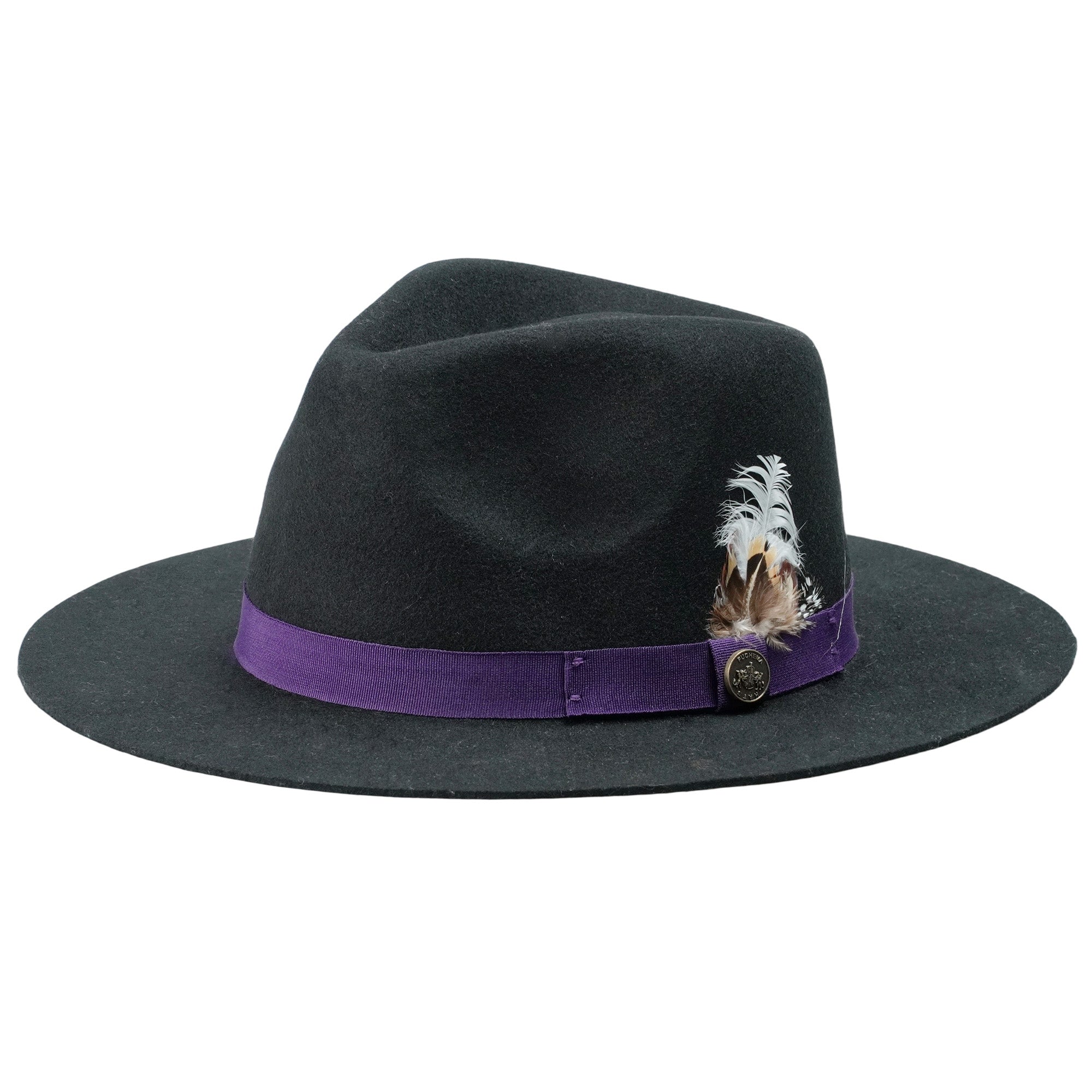 Black Flat Brim Felt Hat with Purple Band