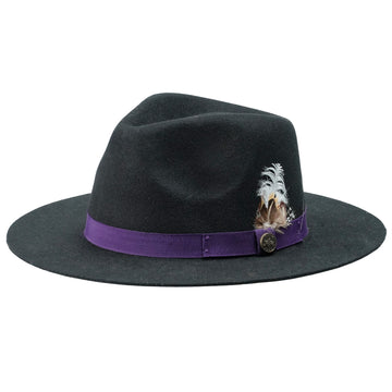Black Flat Brim Felt Hat with Purple Band