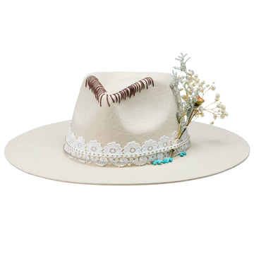 Cream Felt Fedora with Lace Band & Turquoise Beads