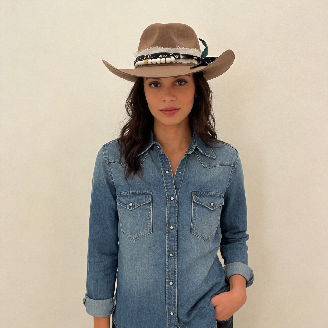 Tan Cowboy Hat – Woven Band & Feather