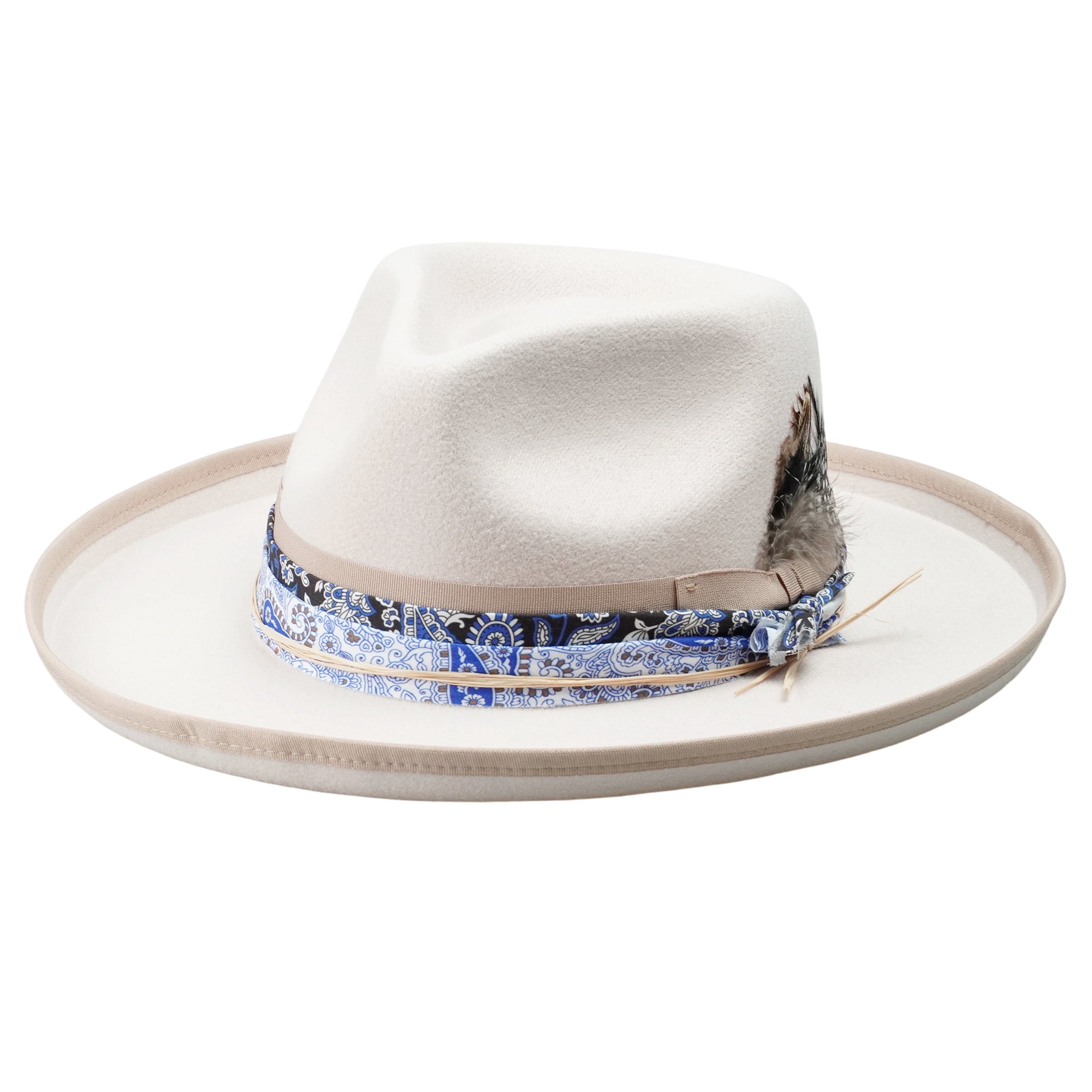 White Felt Fedora with Patterned Band & Feather