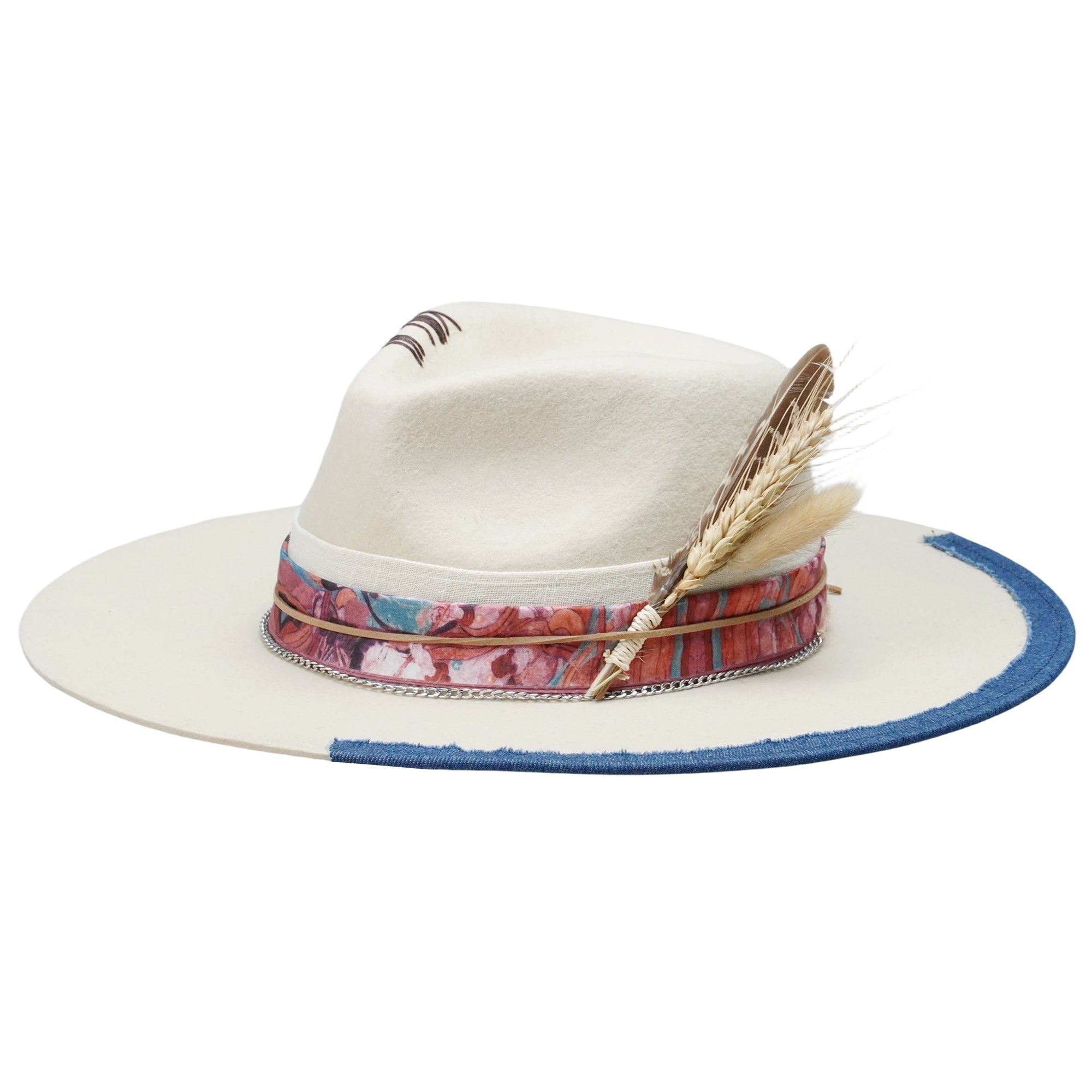 Stitched Teardrop Fedora - Off-White with Dried Flower Bouquet