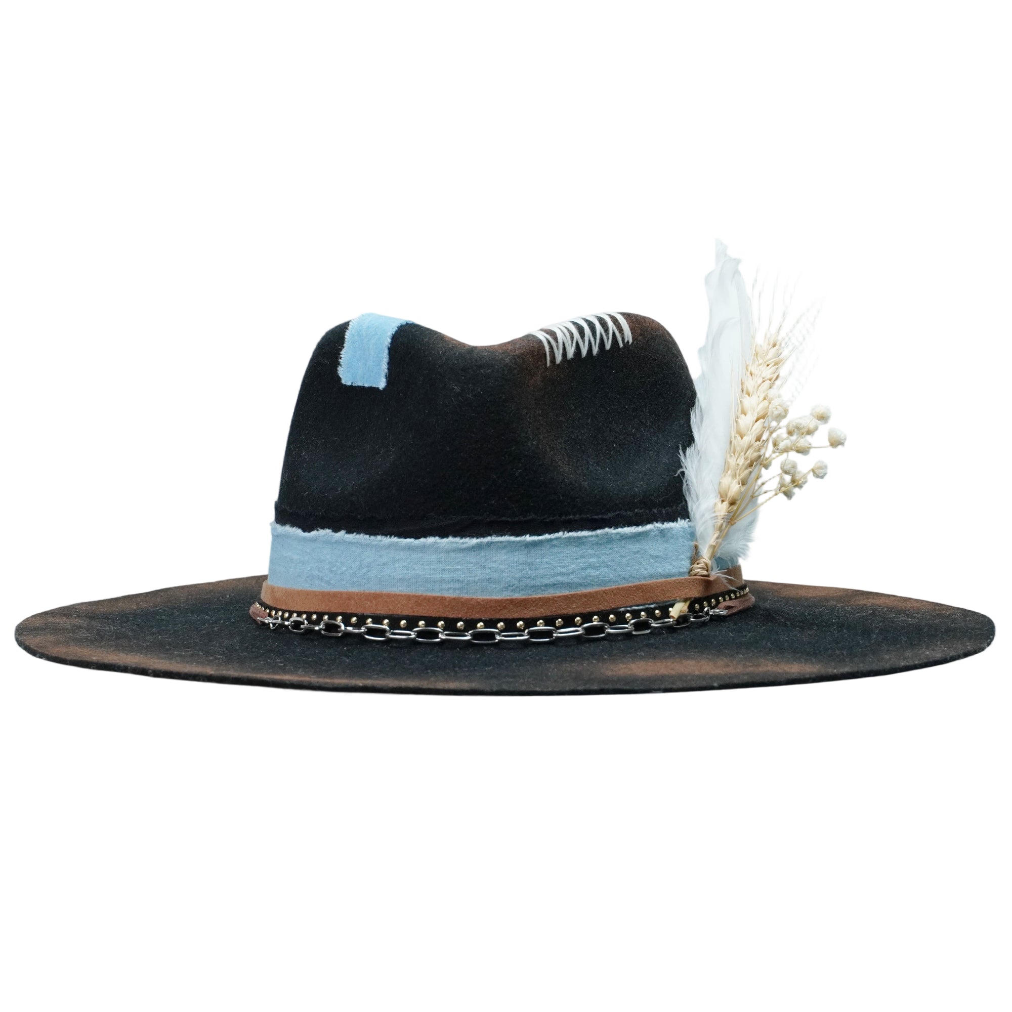 Gothic Felt Fedora with Silver Chain & Dried Flowers