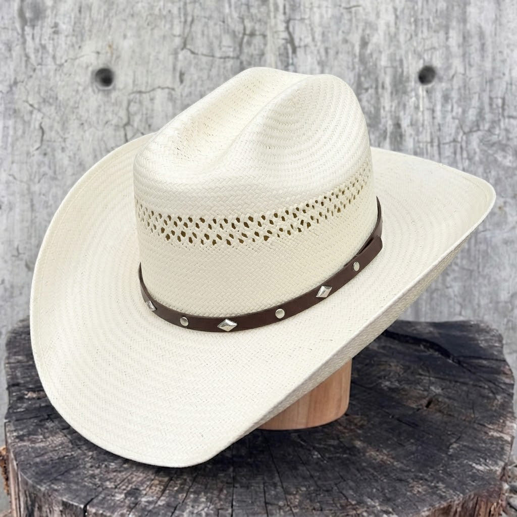 Cream Straw Hat with Brown Leather & Metal Buckle