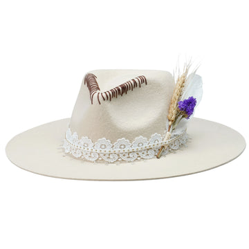 Cream Felt Fedora with Lace Band & Star Chain