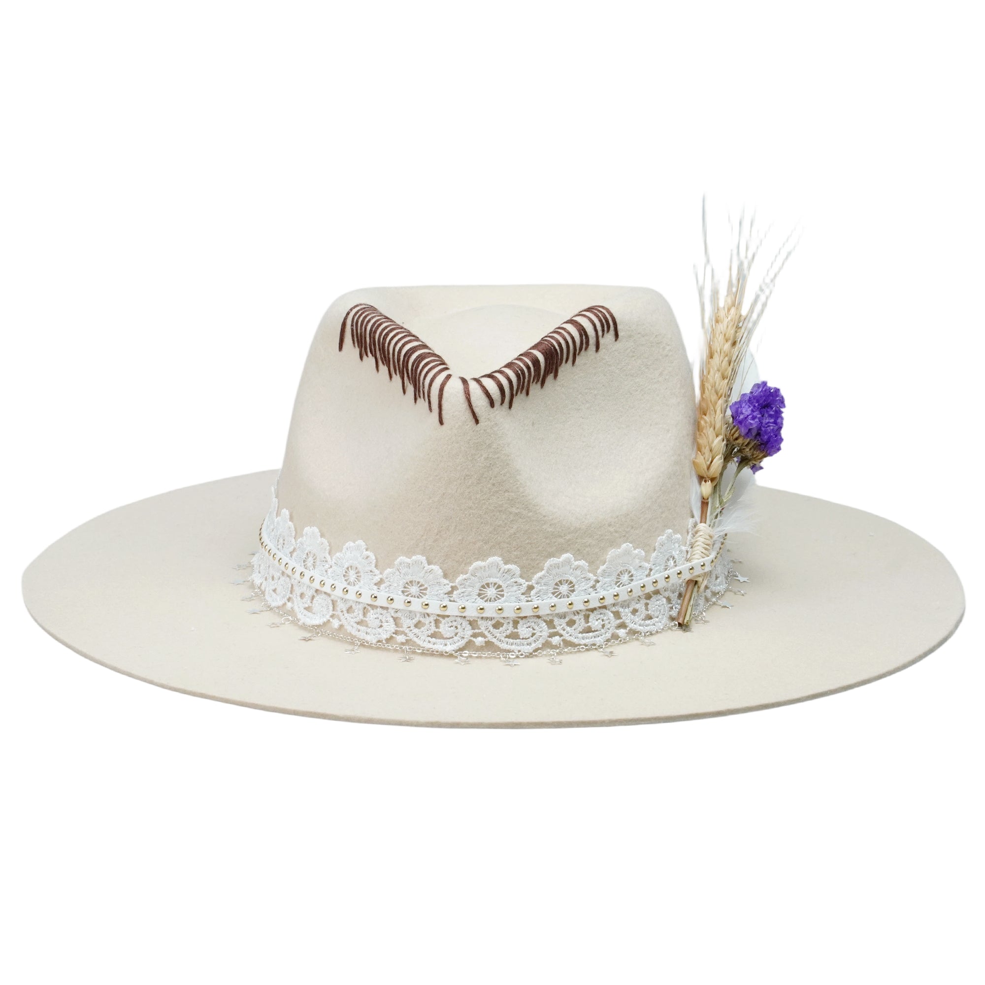 Cream Felt Fedora with Lace Band & Star Chain