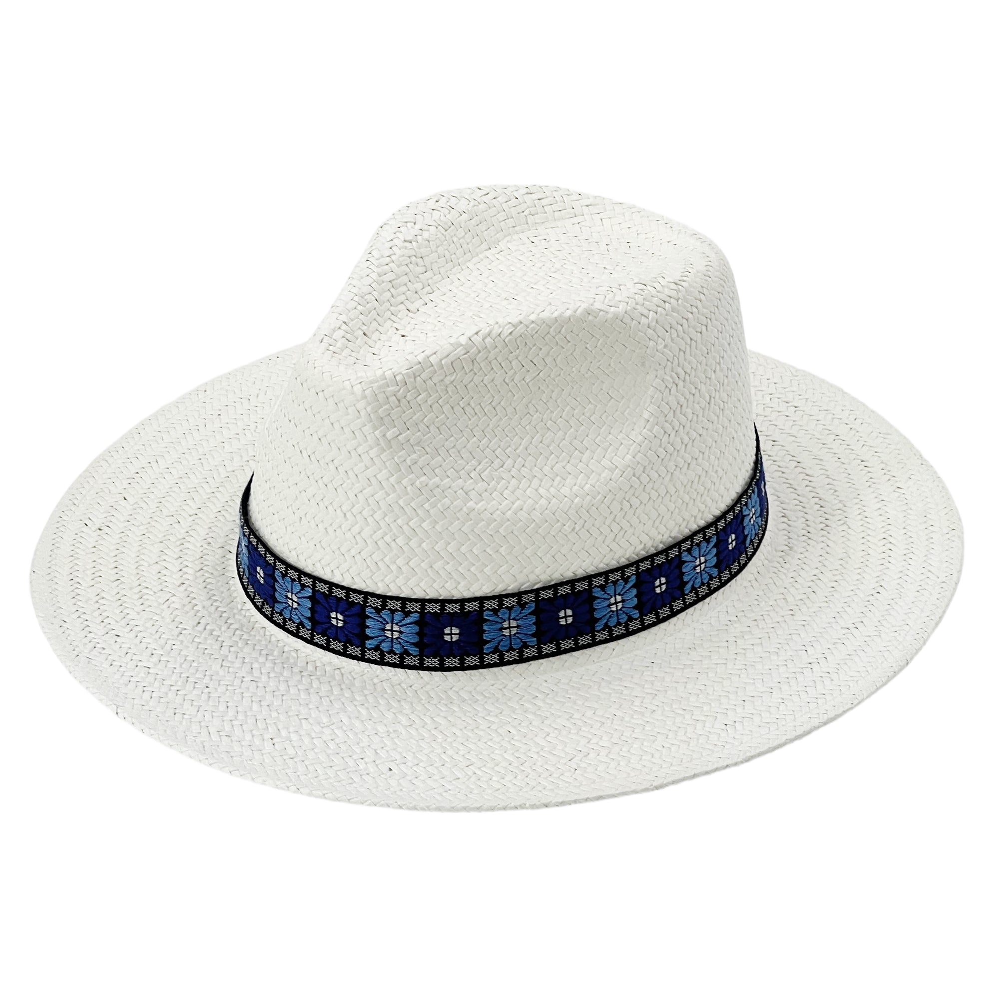Straw Hat with Patterned Fabric Band