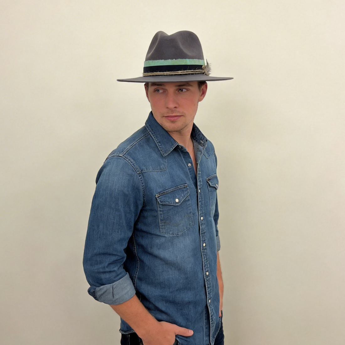 Gray Felt Hat – Blue-Green Dye & Mixed Accents