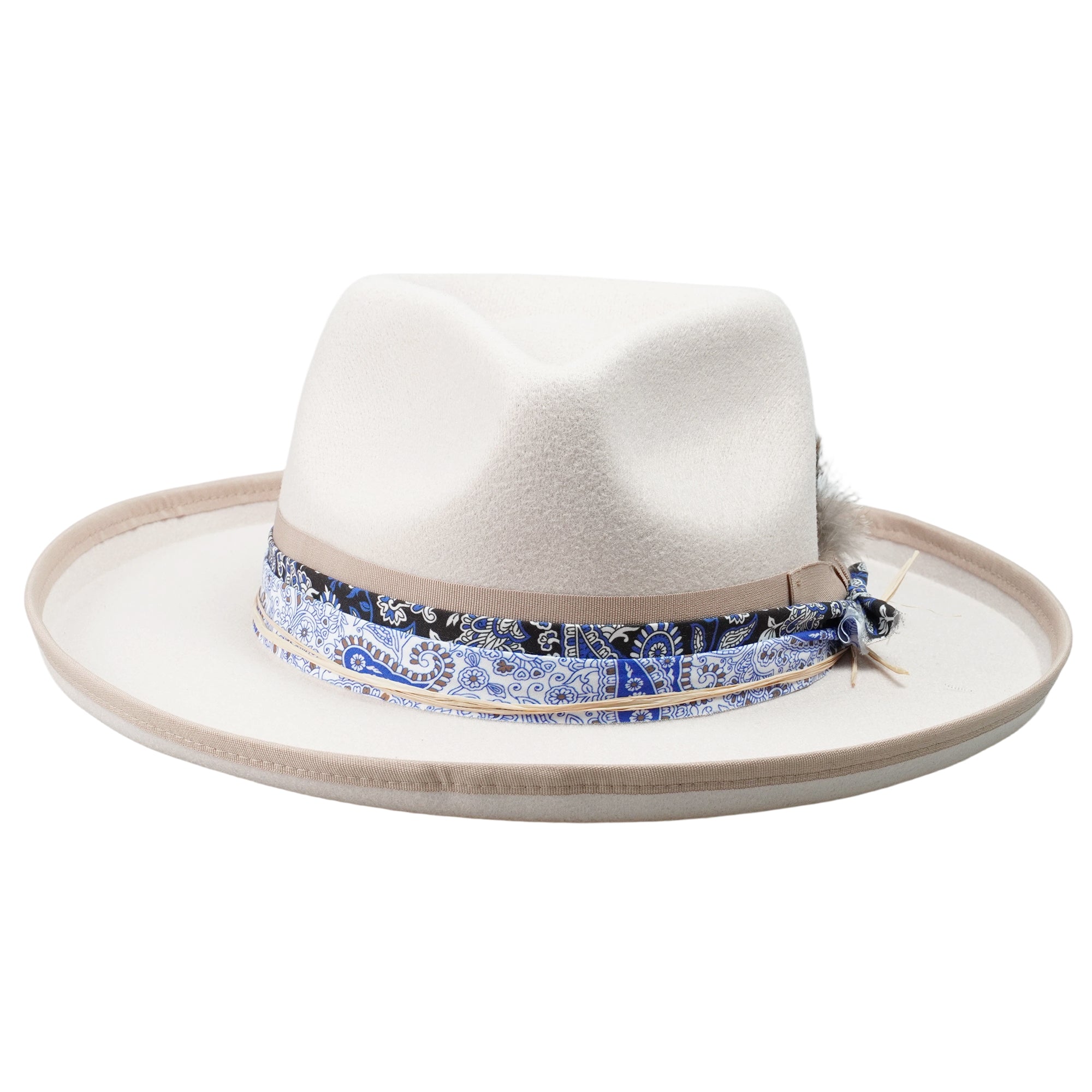 White Felt Fedora with Patterned Band & Feather