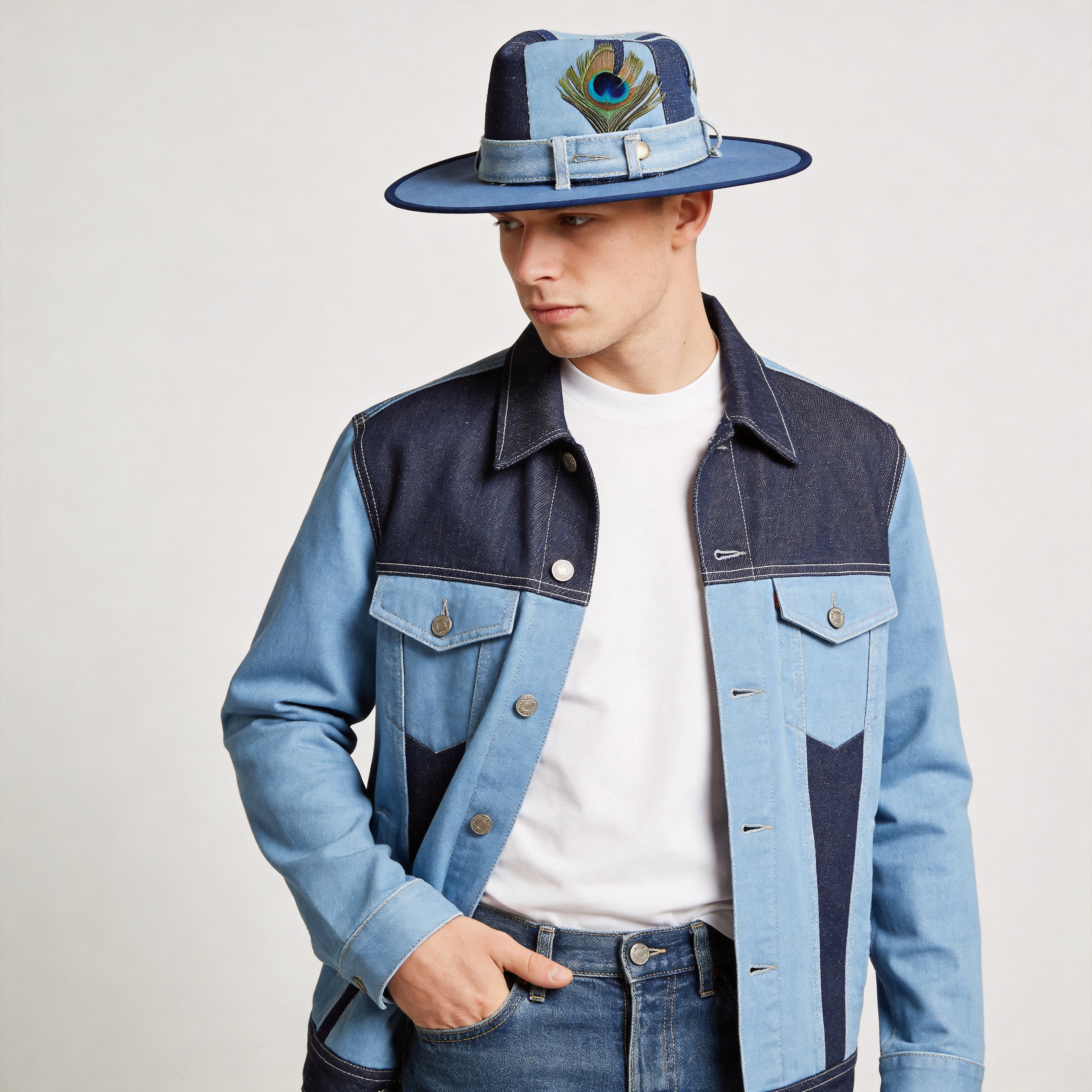 Patchwork Denim Wide-Brim Hat