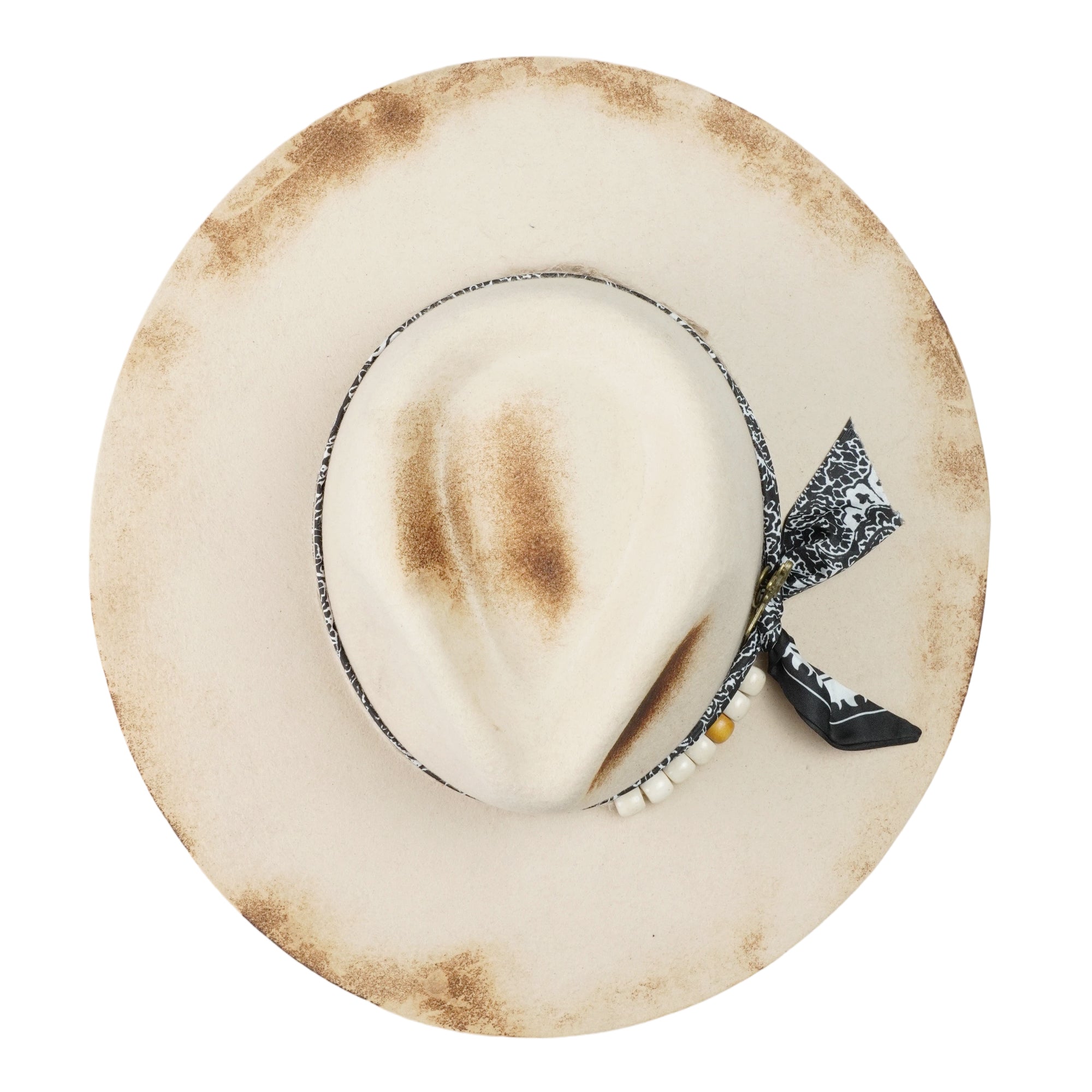Hand-Burned Straight-Brim Felt Hat – Beaded Band, Vintage Metal Pin