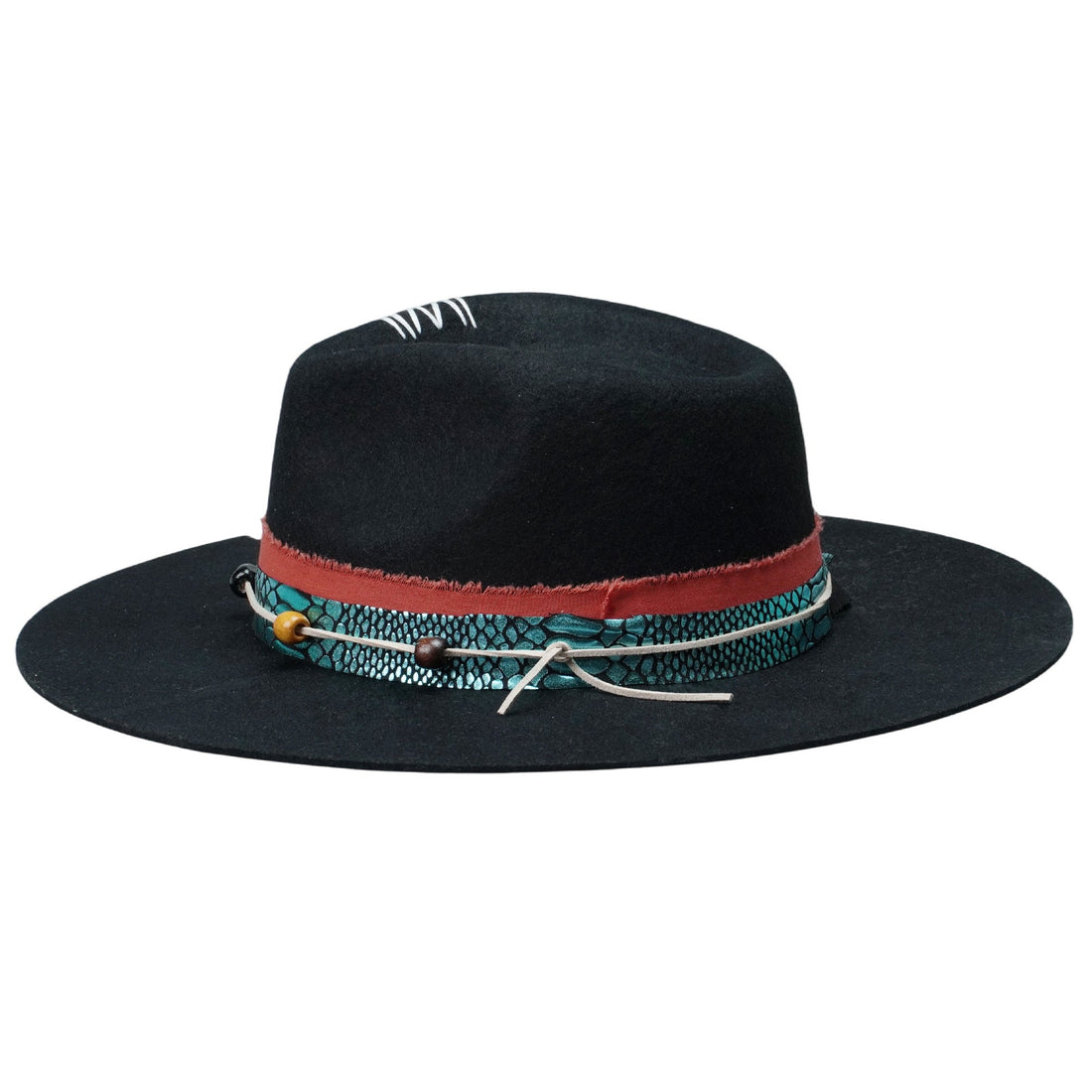 Versatile Felt Hat – Bold Black Style with Decorative Beads and Print
