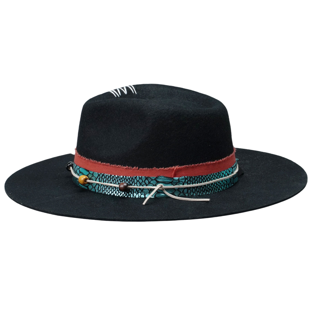 Versatile Felt Hat – Bold Black Style with Decorative Beads and Print