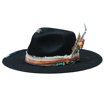 Teardrop Fedora - Black with Stitched Details & Turquoise