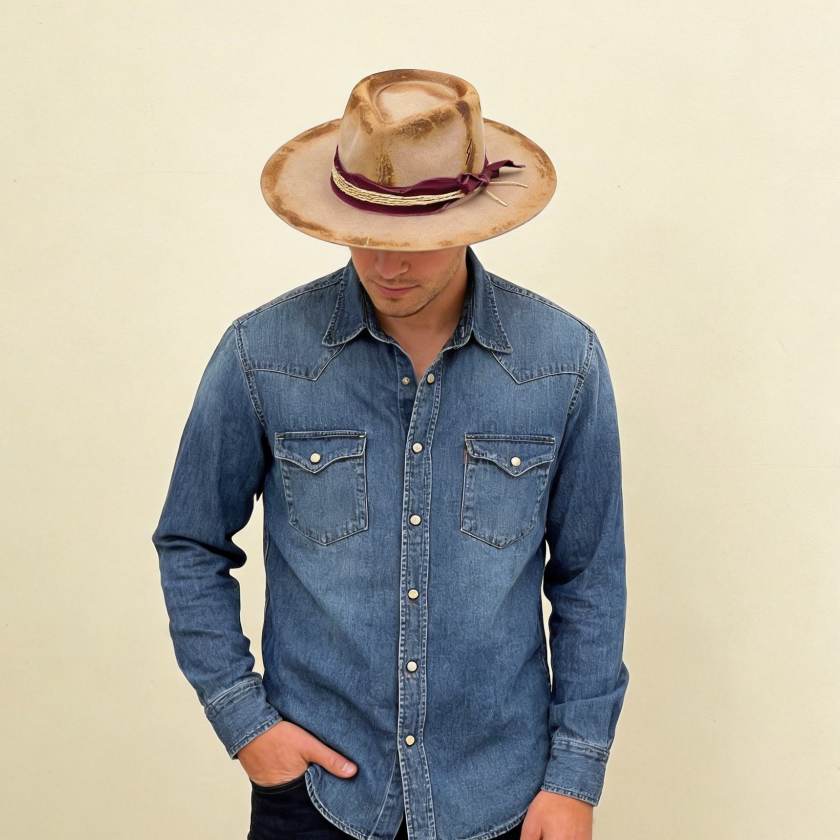 Flame-Finished Fedora – Burgundy & Hemp Accent