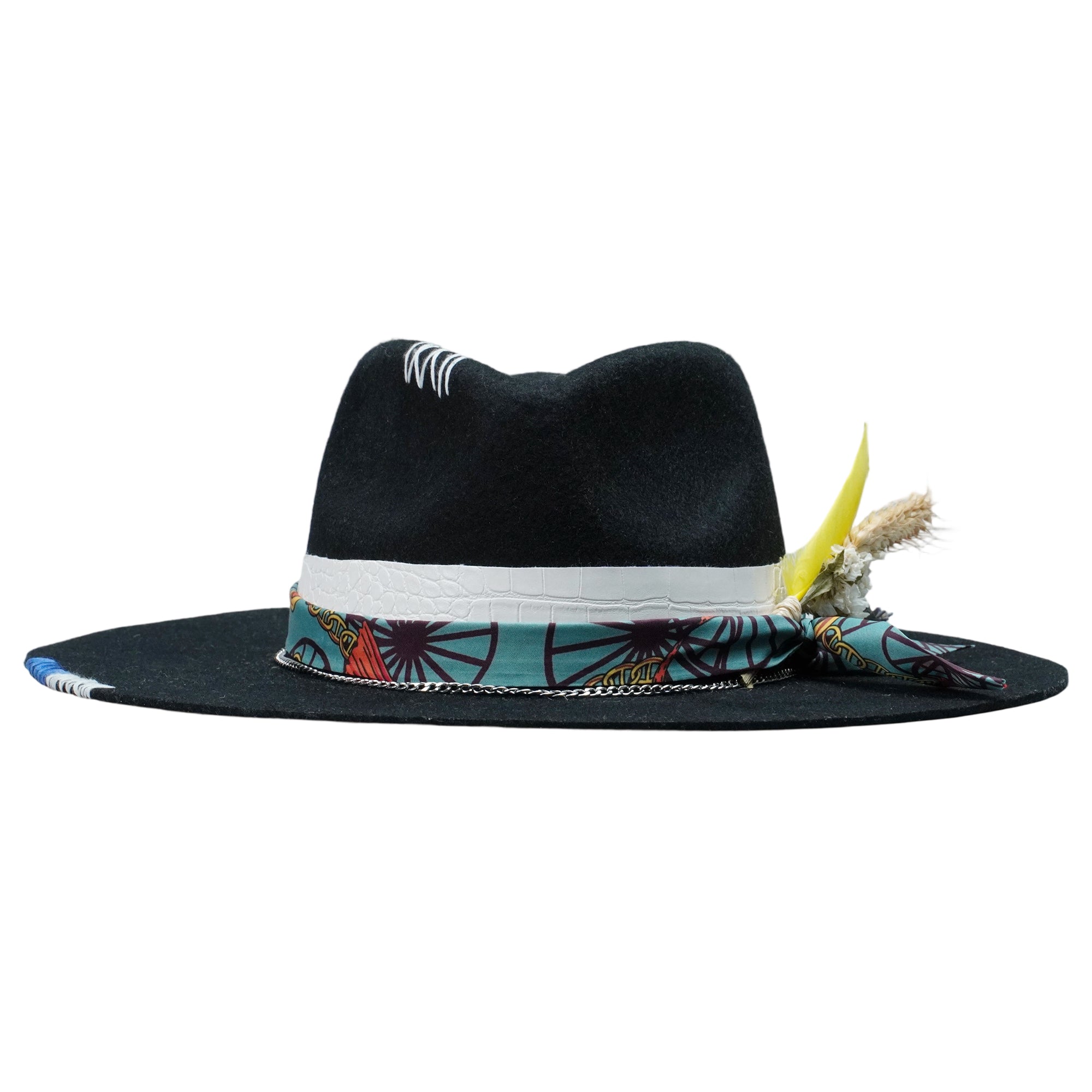 Black Straight Brim Felt Hat with Floral & Croc Band