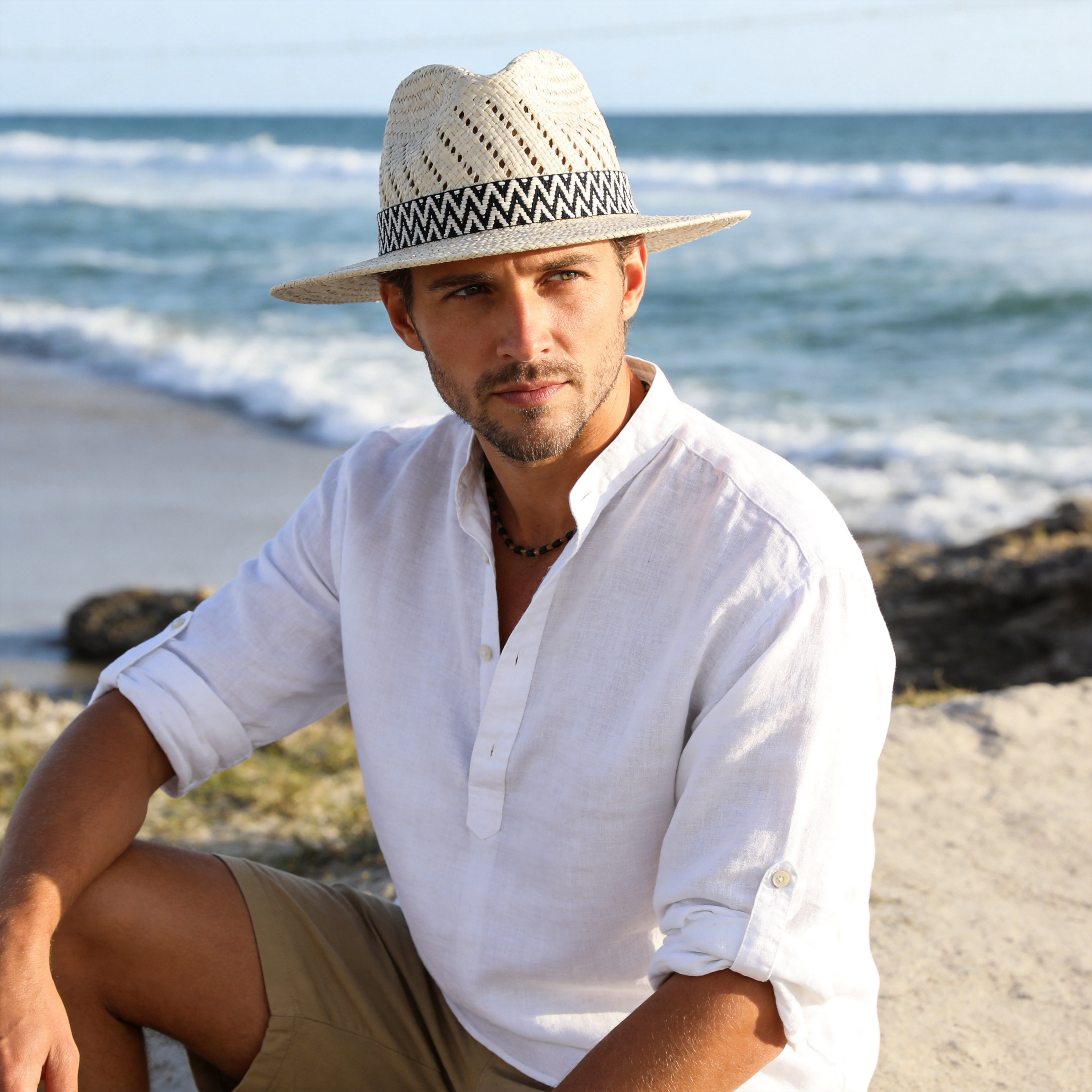 Straw Hat with B&W Patterned Fabric Band