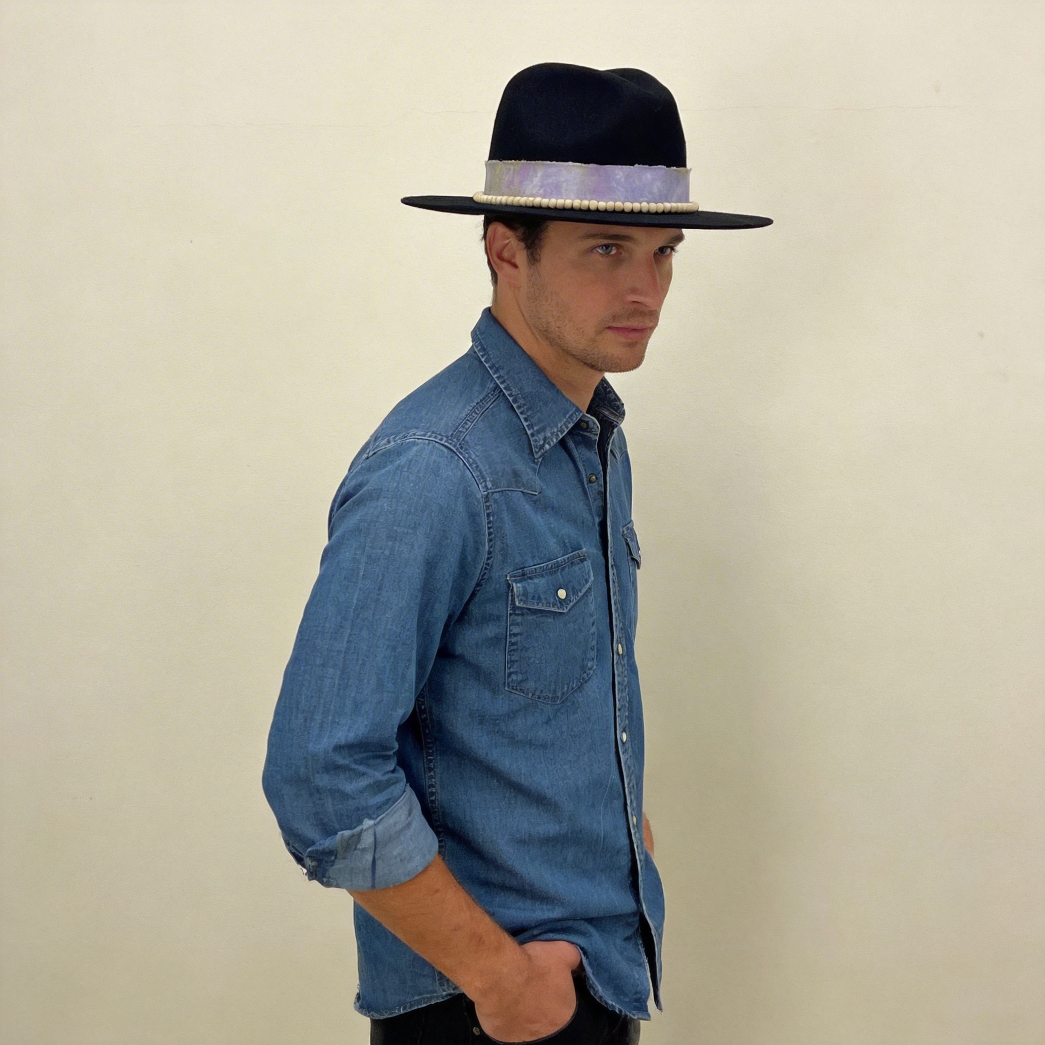 Black Flat-Brim – Purple Tie-Dye & Beads