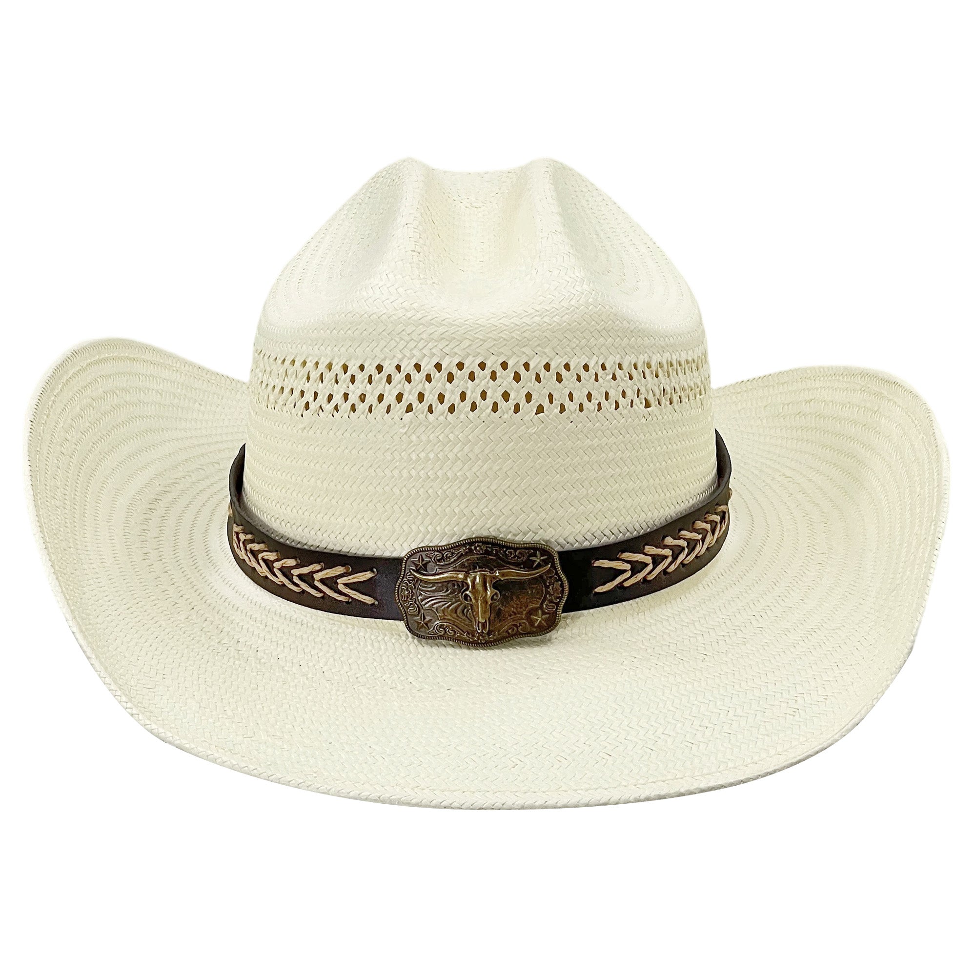 Beige Straw Hat – Retro Metal Detail