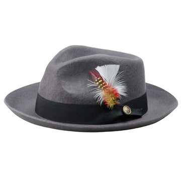 Gray Rolled Brim Fedora with Feather & Metal Buckle