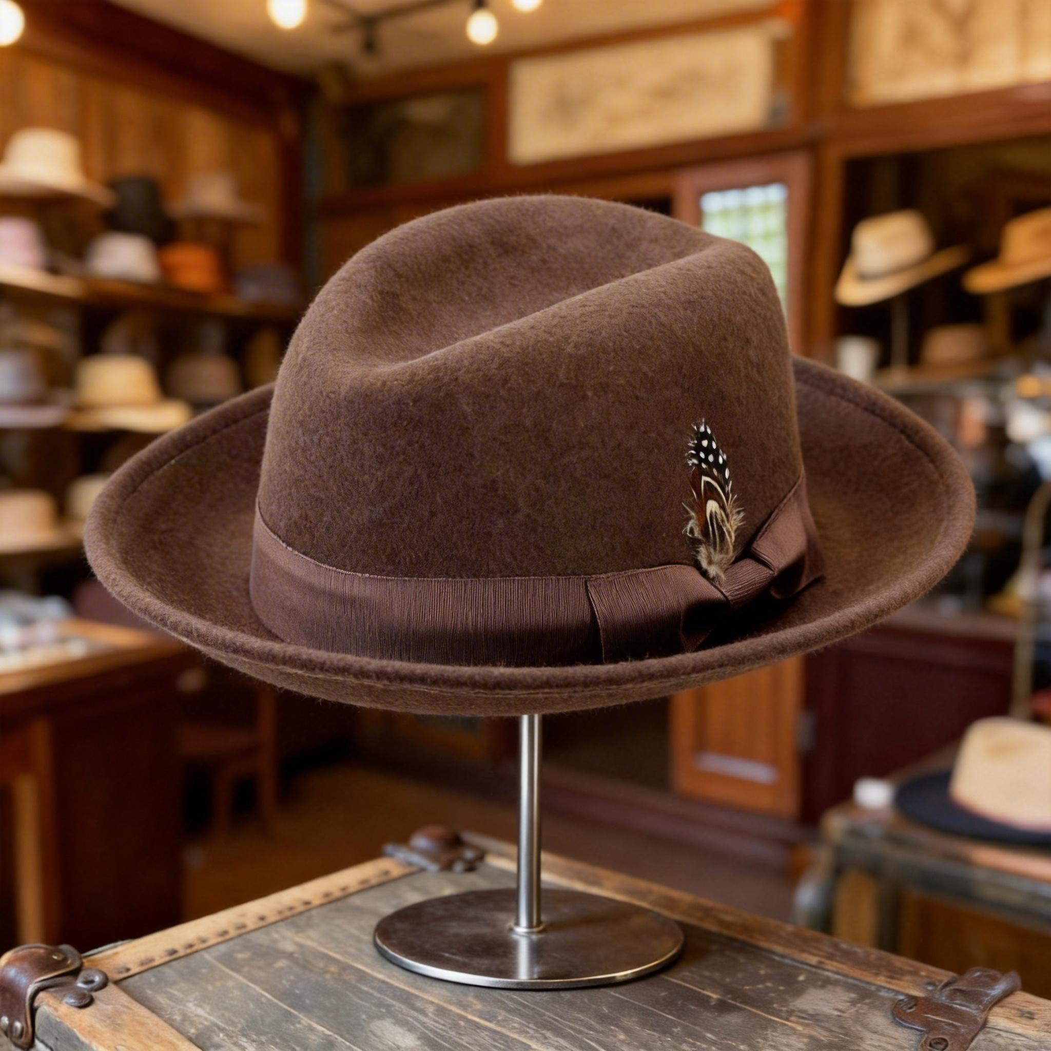 Brown Fedora – Feather & Trim Accent