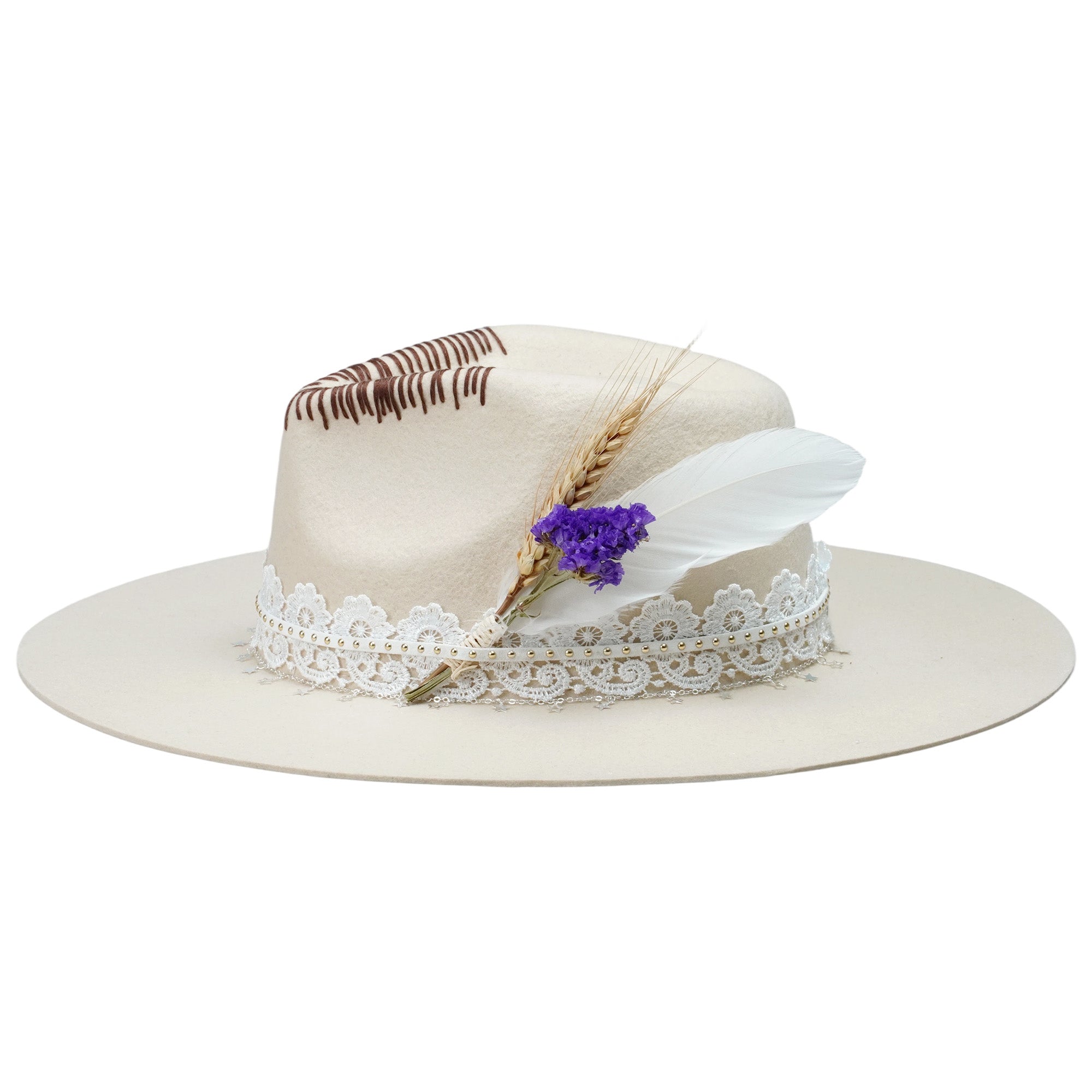 Cream Felt Fedora with Lace Band & Star Chain
