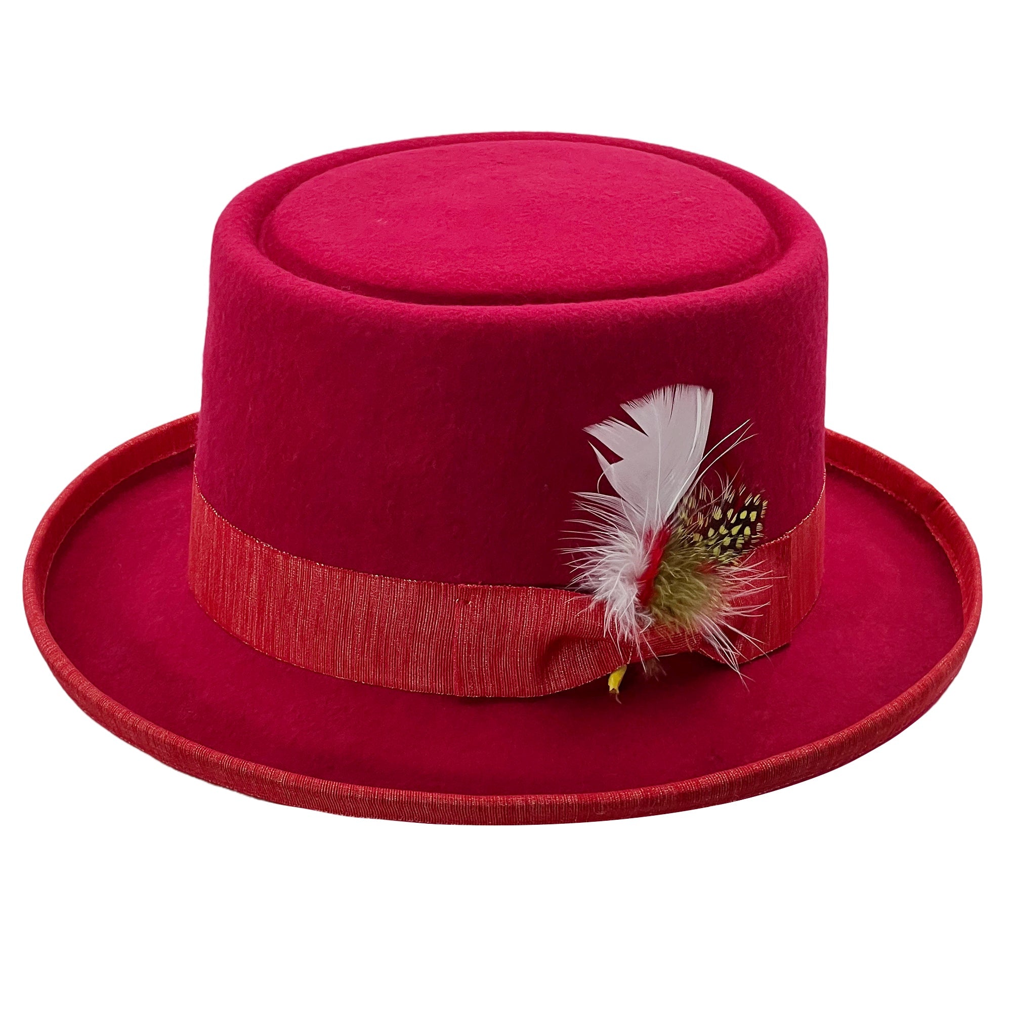 Bold Red Round-Crown – Feather Detail