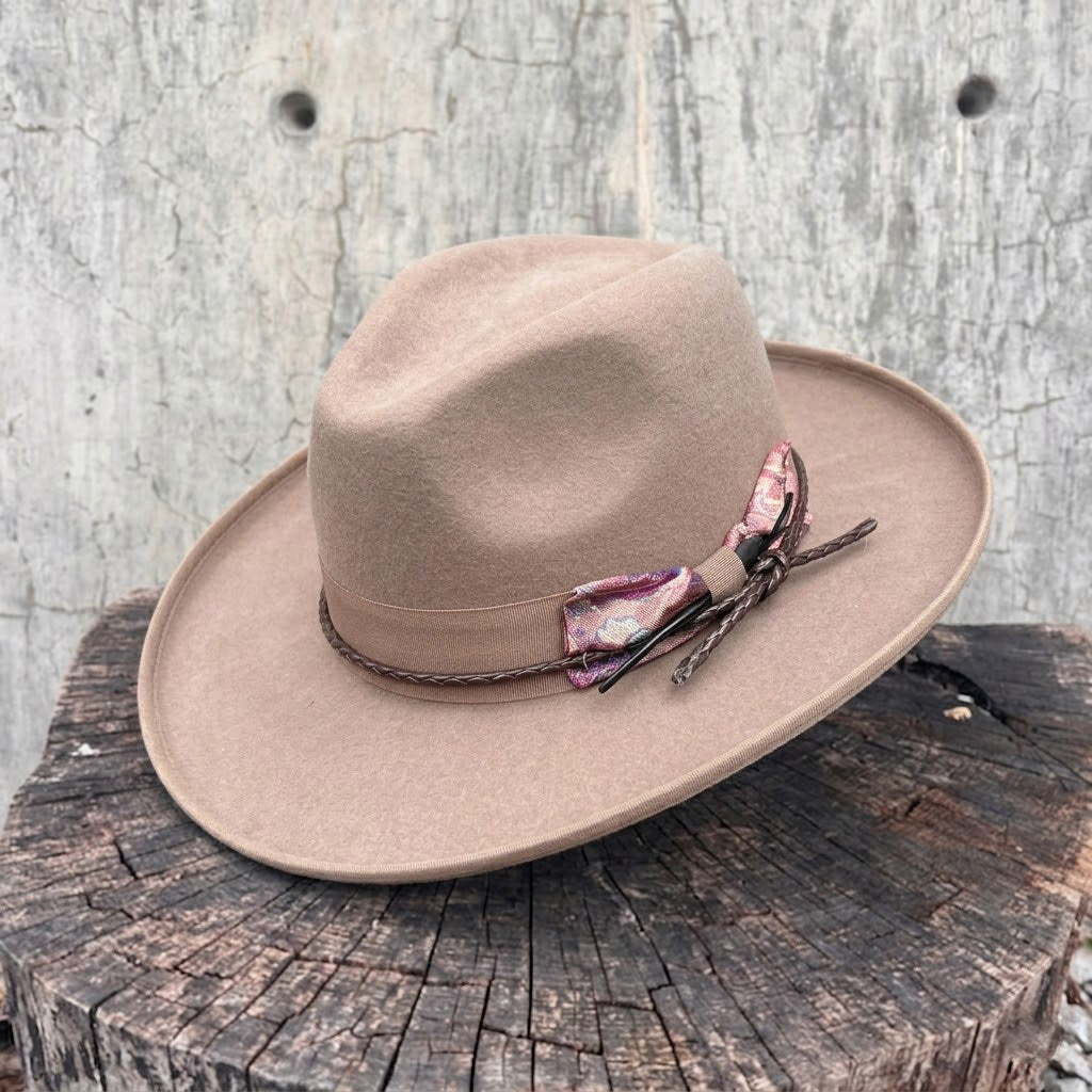Camel Pencil Curl Felt Hat with Colorful Bow