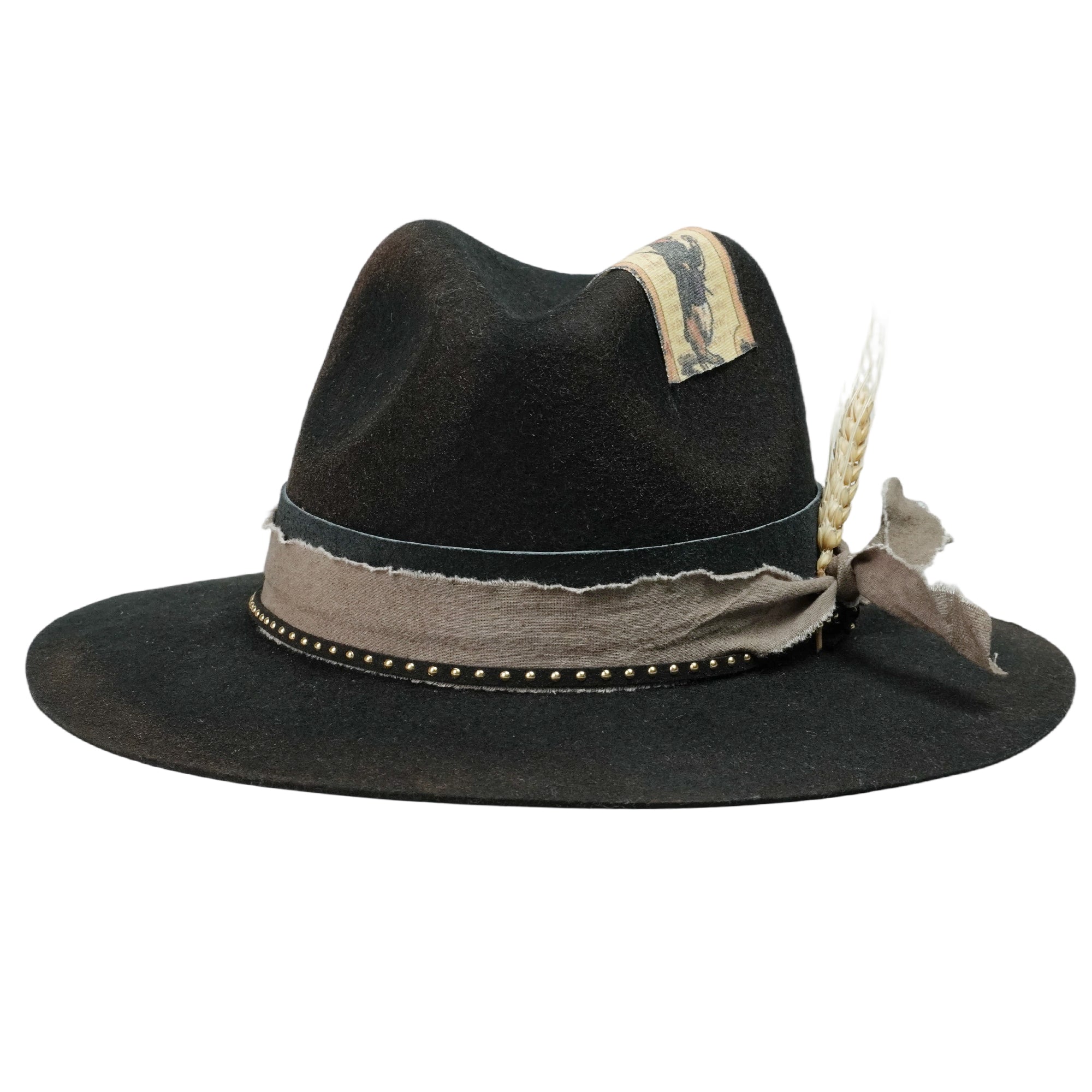 Black Felt Hat – Leather & Fabric Band, Vintage Appliqué